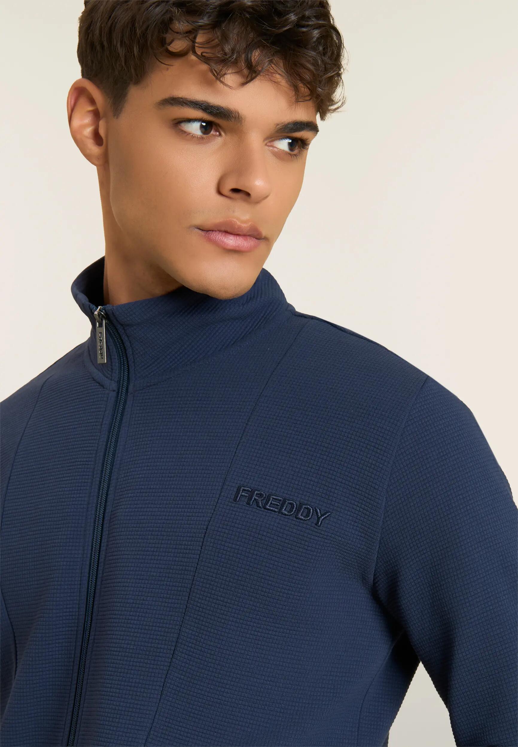 Felpa Uomo in Tessuto Bonded a Quadri con Zip e Collo Alto 4/6