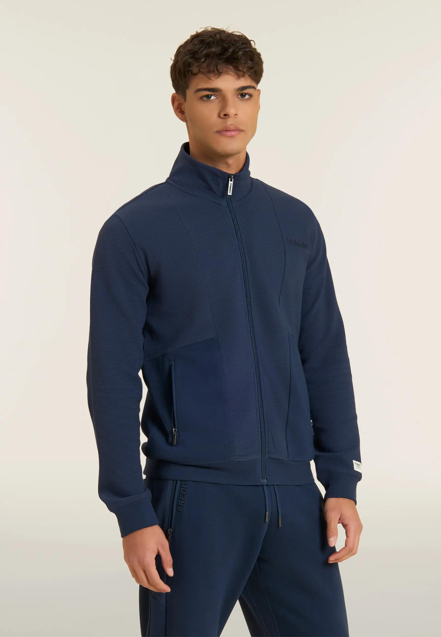 Felpa Uomo in Tessuto Bonded a Quadri con Zip e Collo Alto 2/6
