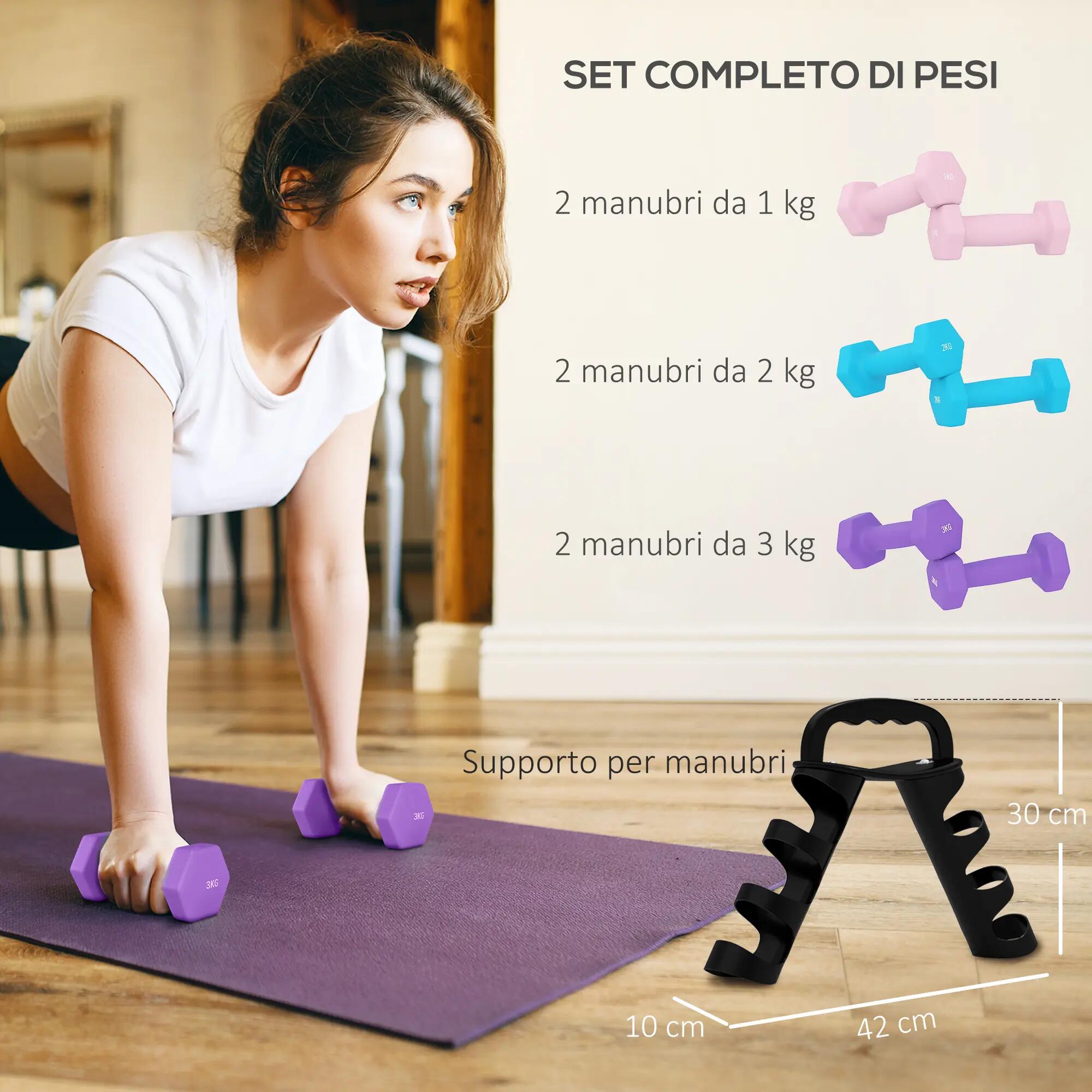 Ensemble de 6 haltères (2 x 1 kg, 2 x 2 kg, 2 x 3 kg) de 12 kg avec support/kett 6/9