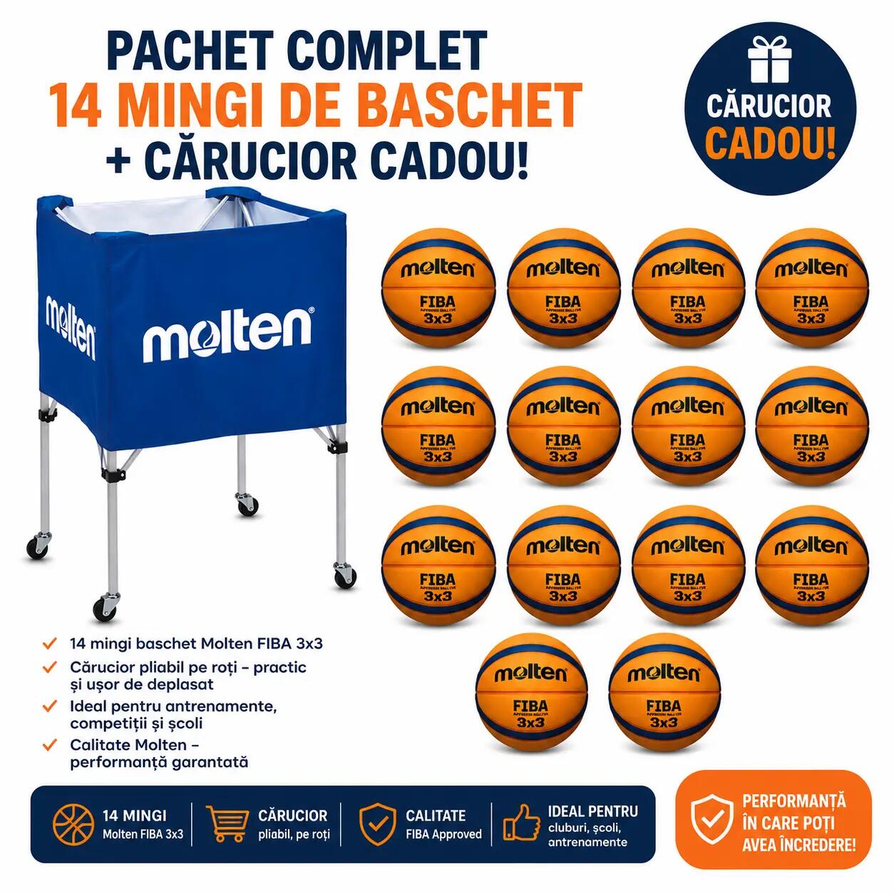 Pachet 14 mingi baschet 3x3 Molten B33T5000 FIBA Approved + cărucior mobil 8/9