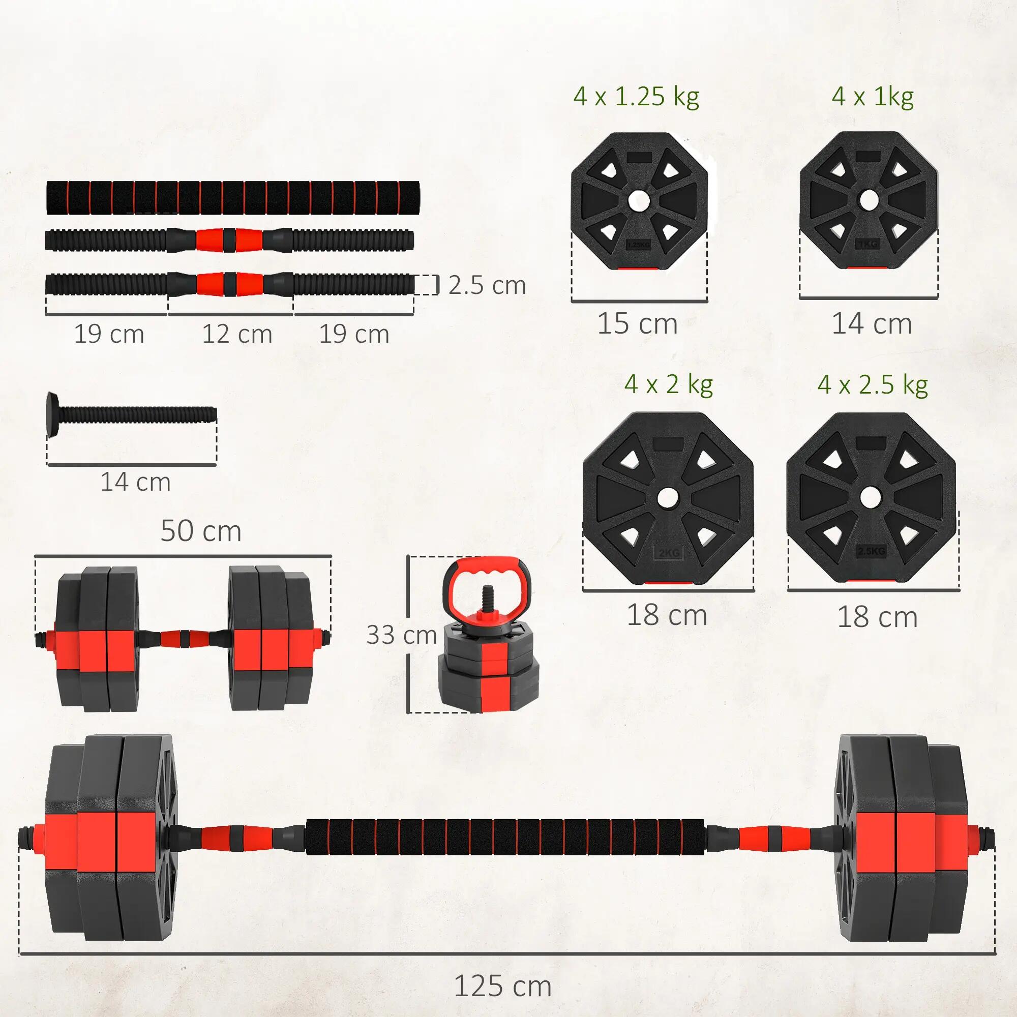 kit de musculation 6 en 1, 30 kg, kettlebell et haltères - rouge 5/6