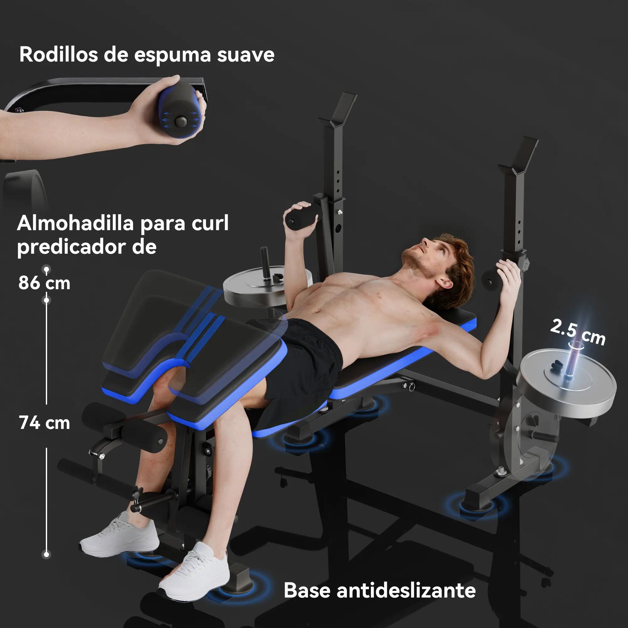 Banc de musculation avec dossier et support pour haltères réglables pour 9/9