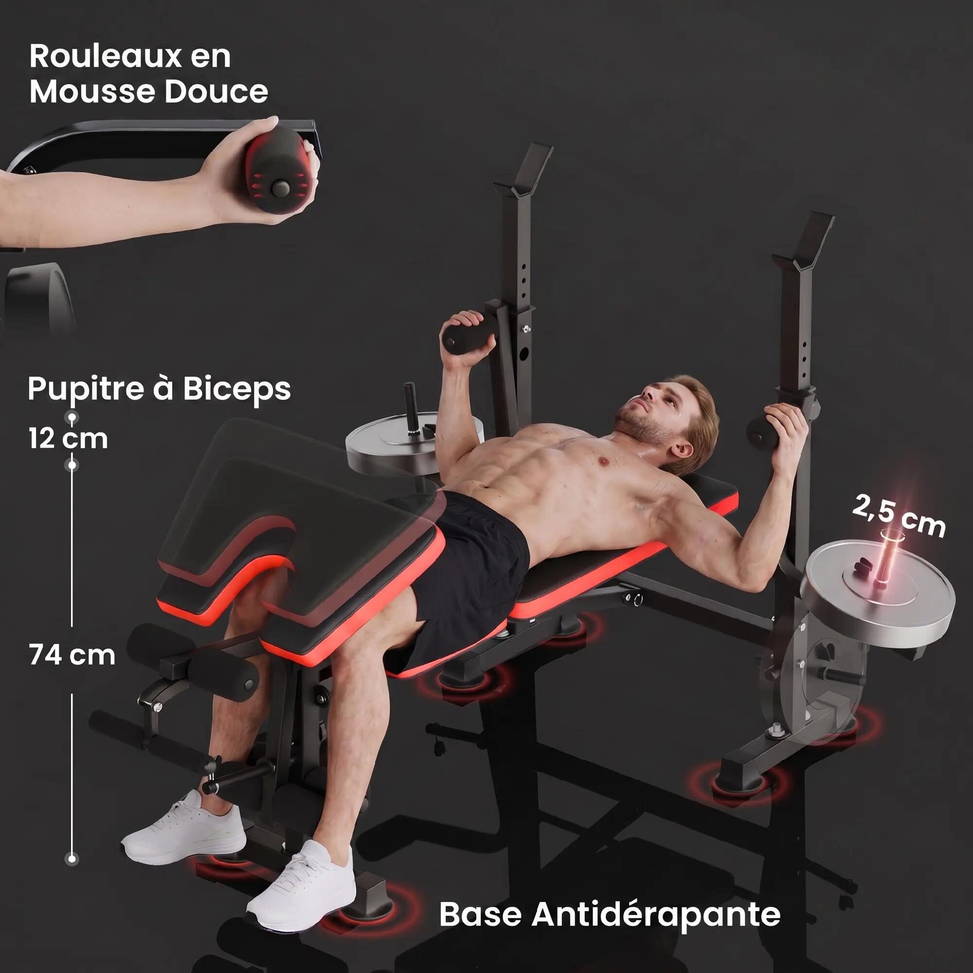 Banc de musculation complet avec support pour haltères, dossier réglable, acier, 9/9