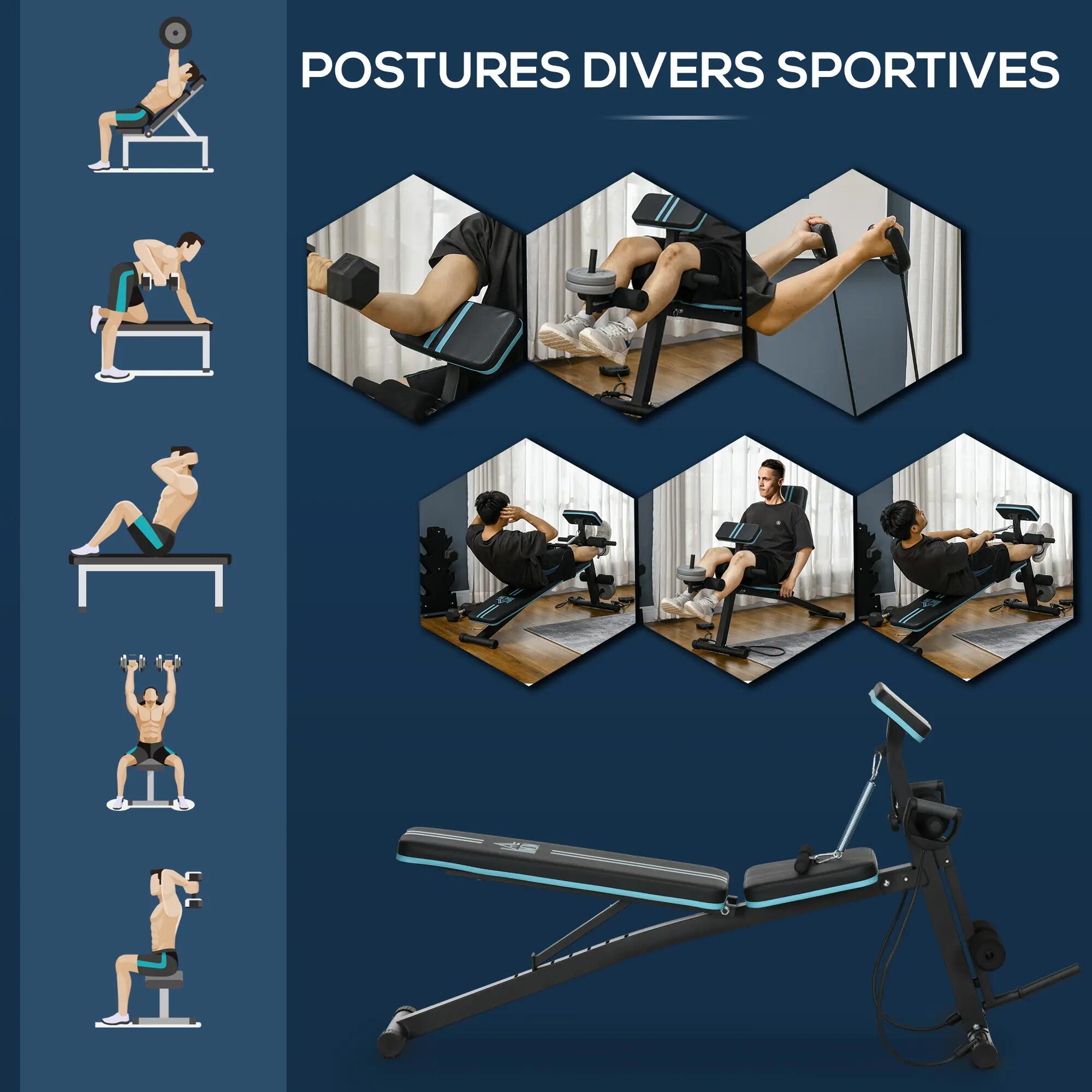 Banc de musculation inclinable et pliable, réglable avec rallonge pour les jambe 8/9