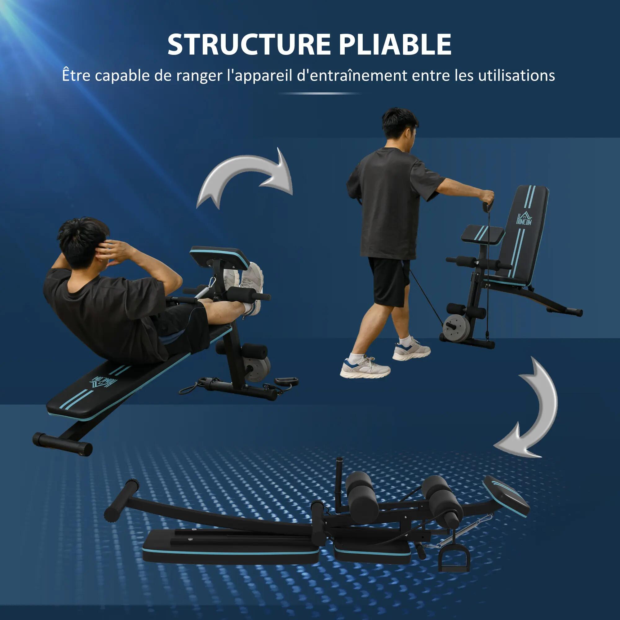 Banc de musculation inclinable et pliable, réglable avec rallonge pour les jambe 7/9