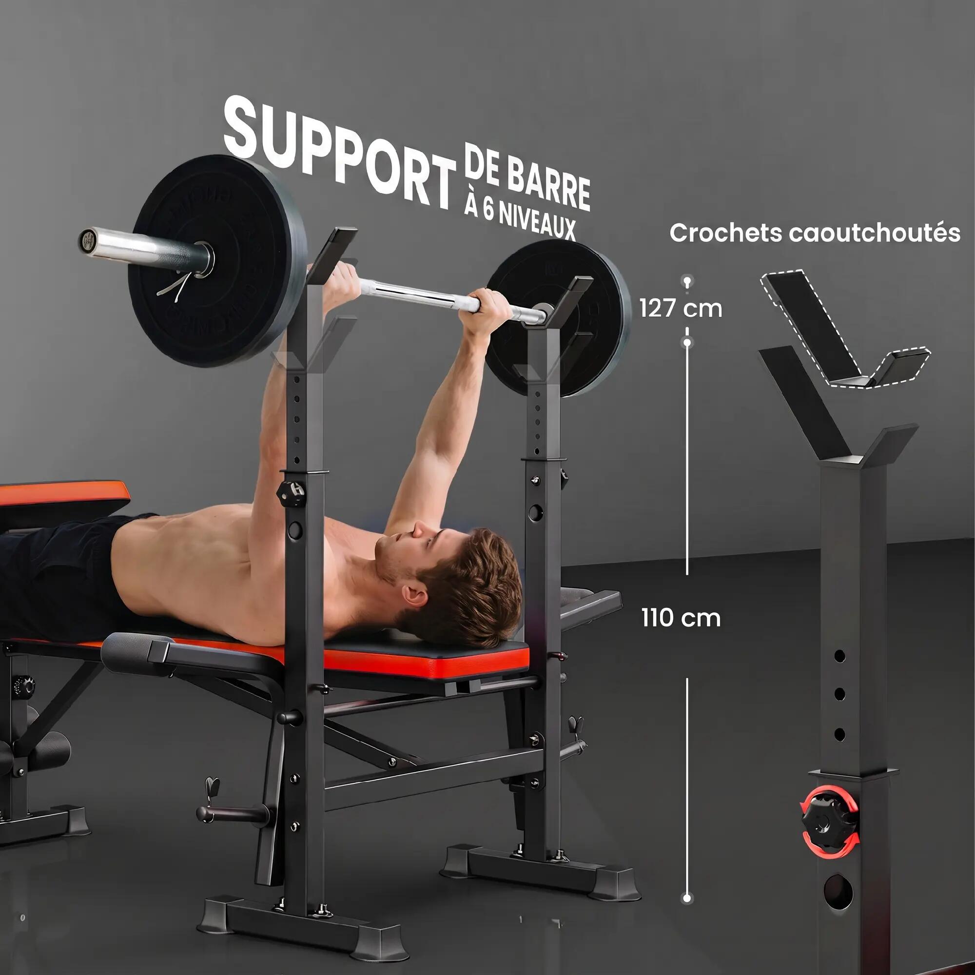 Banc de musculation complet avec support pour haltères, dossier réglable, acier, 7/9