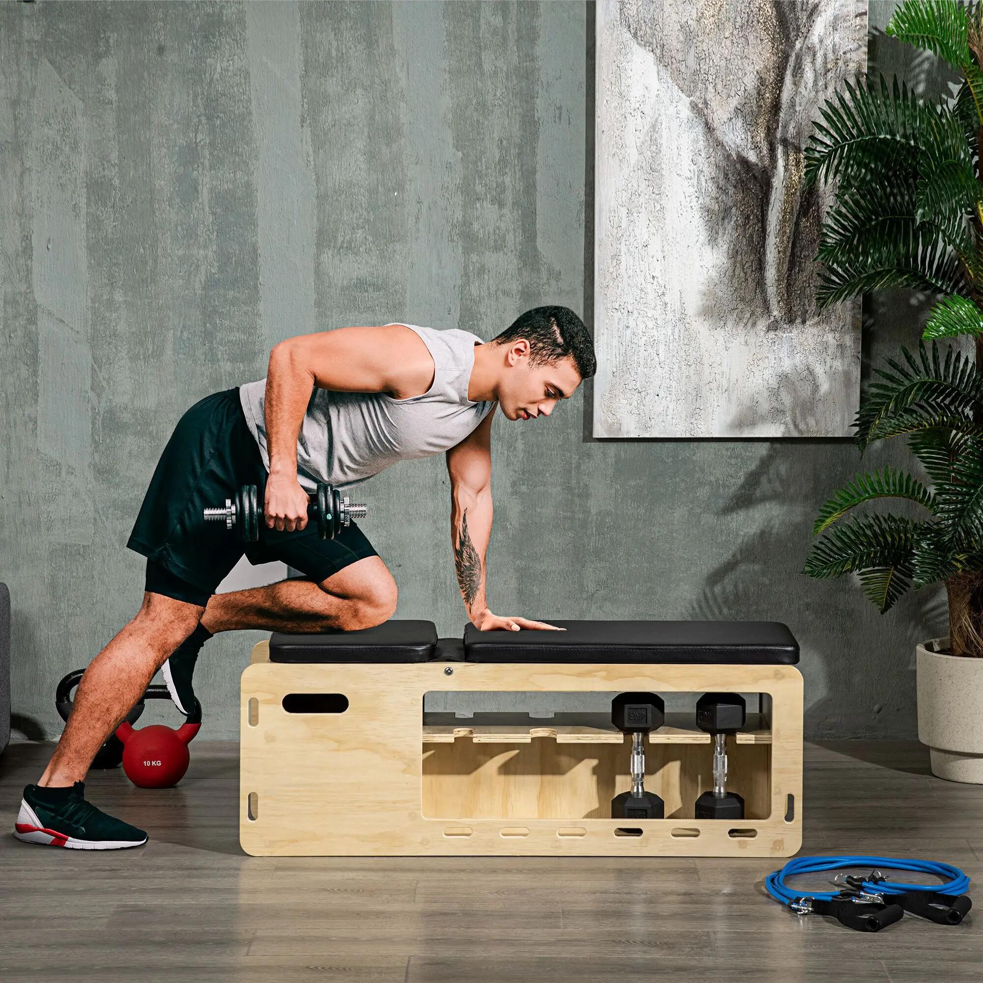 Banc de musculation avec support pour haltères, 1 panier de rangement, réglable 3/9