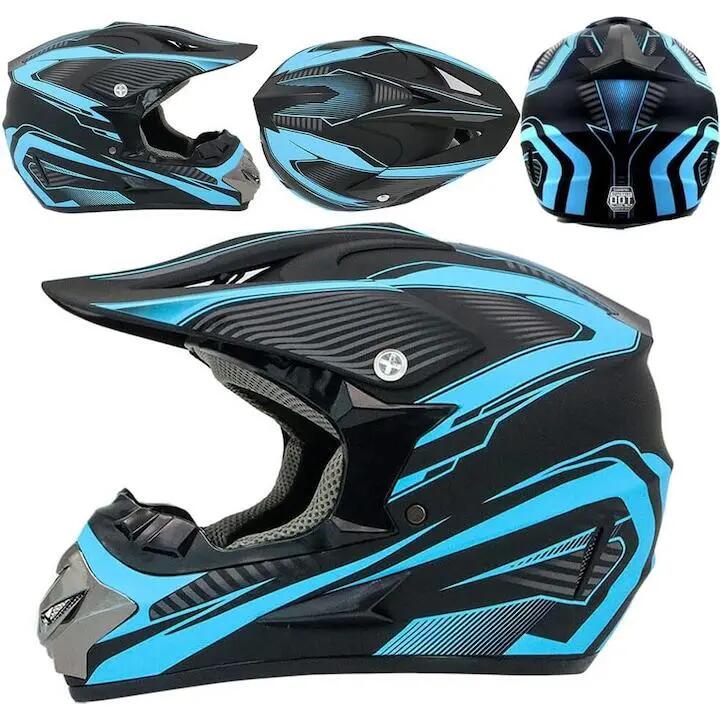 Casque de VTT avec lunettes, gants et visière, bleu et noir, ensemble motocross 6/6