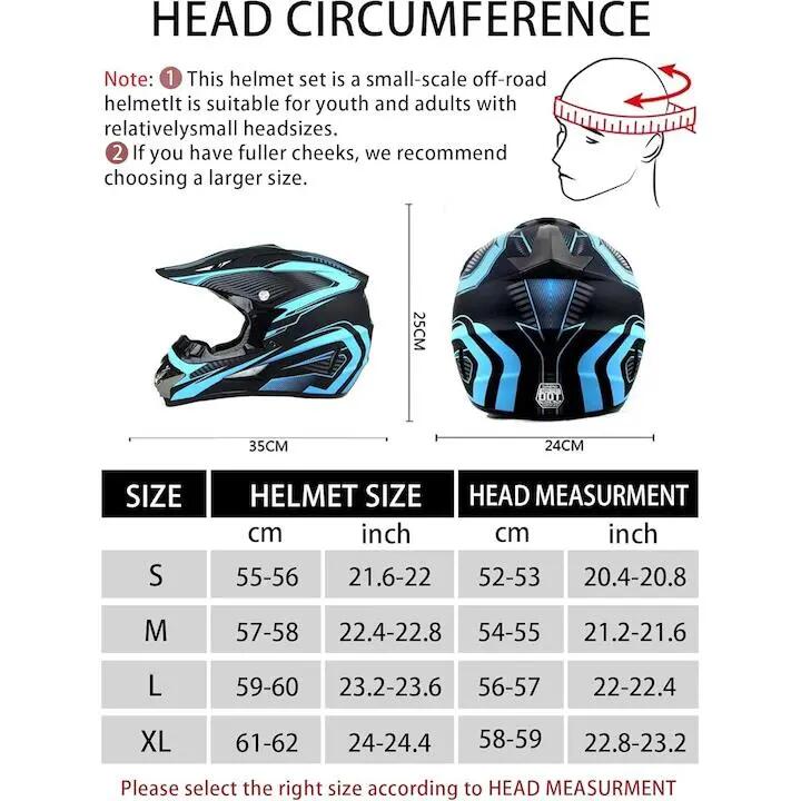 Casque de VTT avec lunettes, gants et visière, bleu et noir, ensemble motocross 5/6