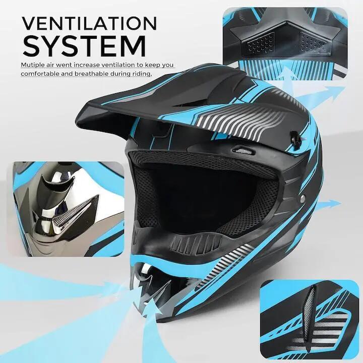 Casque de VTT avec lunettes, gants et visière, bleu et noir, ensemble motocross 2/6