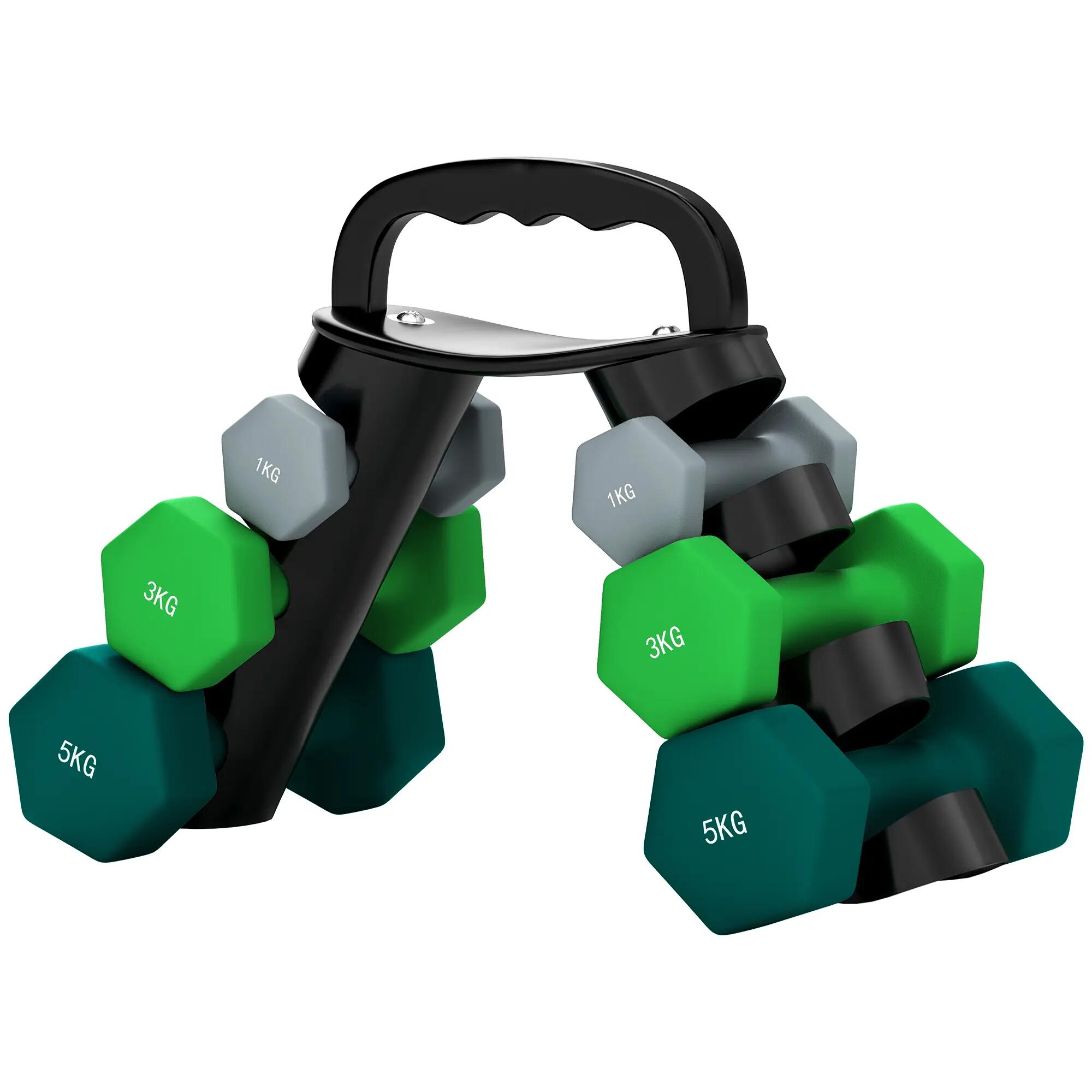 Ensemble d'haltères avec support, 3 paires de poids : 2 x 1 kg, 2 x 3 kg, 2 x 5 2/9