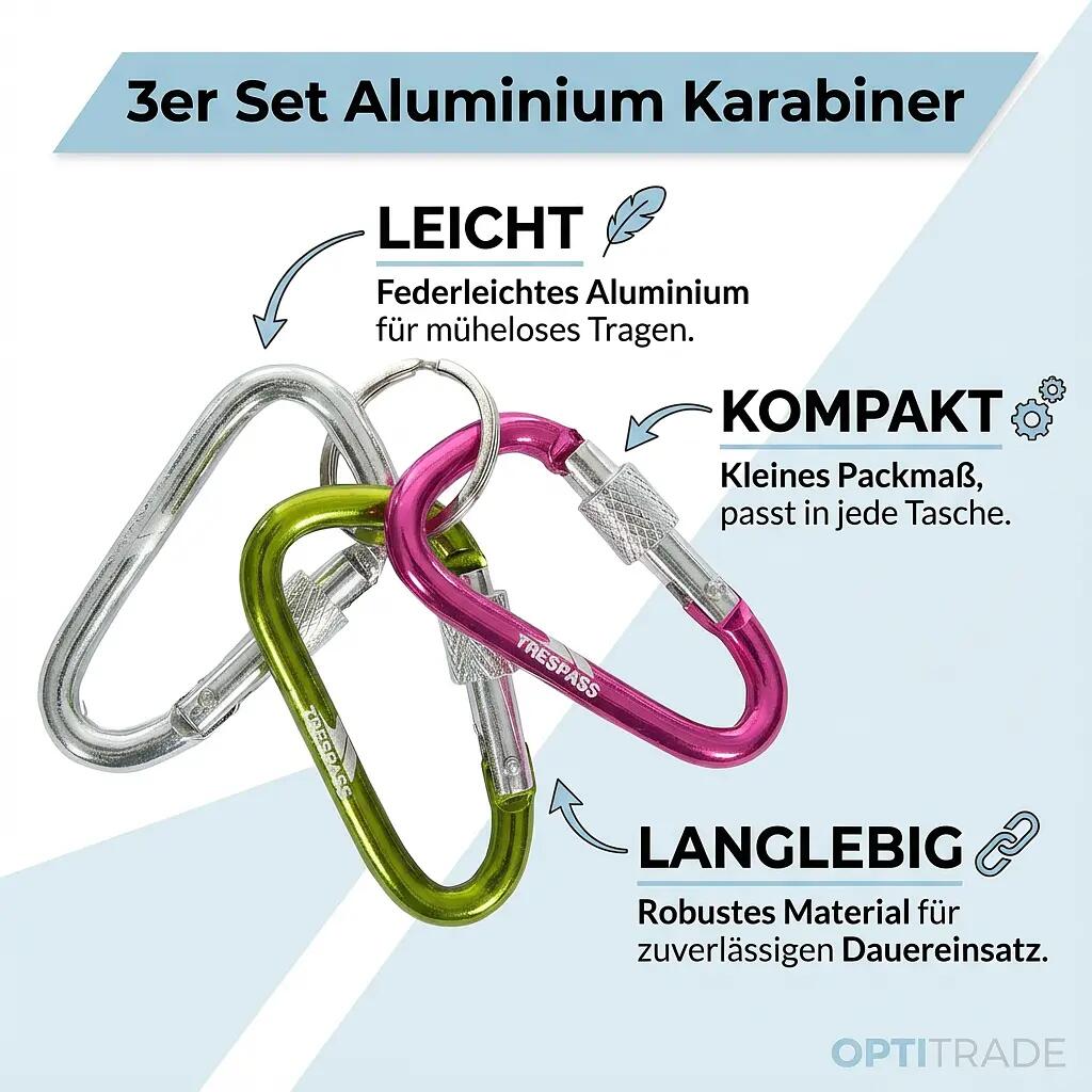 Camping und Wandern - 3er Karabiner-Set - Leicht - Silber/Grün/Pink 5/6