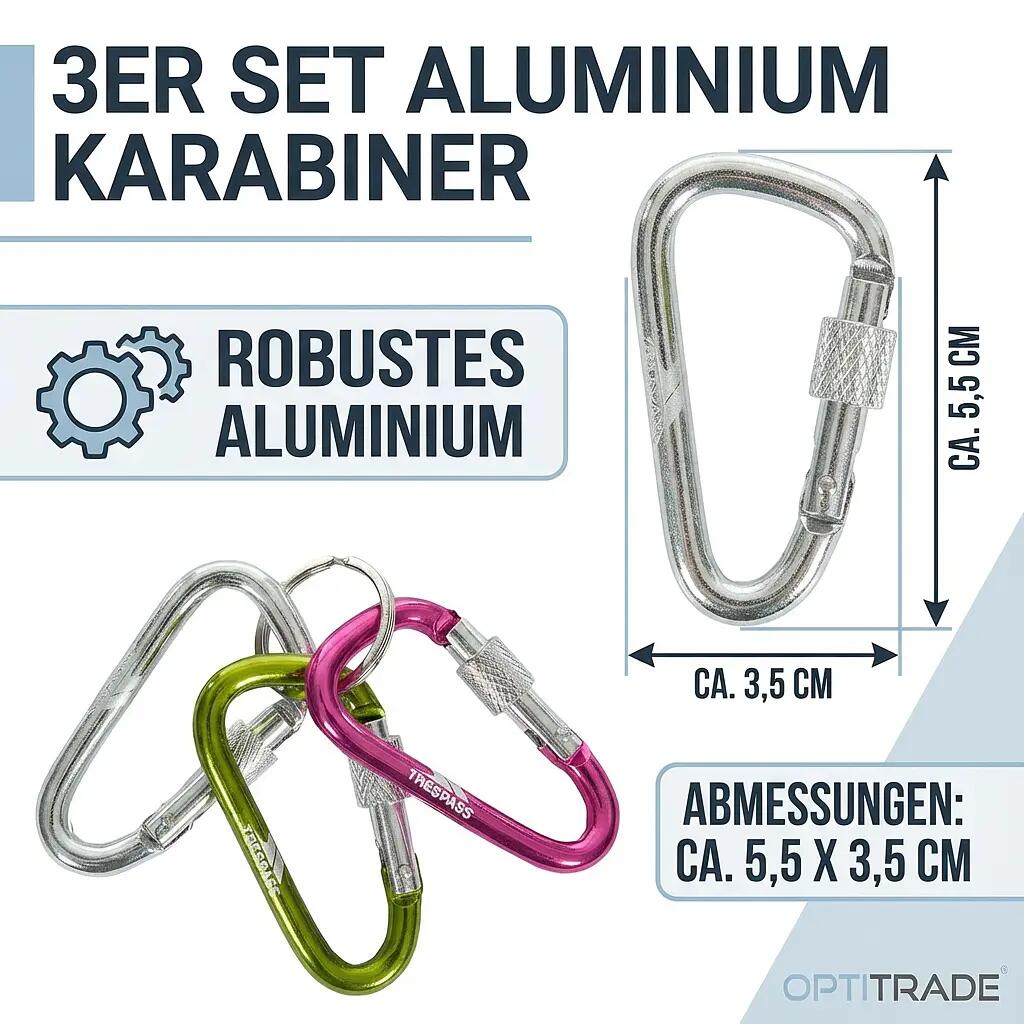 Camping und Wandern - 3er Karabiner-Set - Leicht - Silber/Grün/Pink 3/6