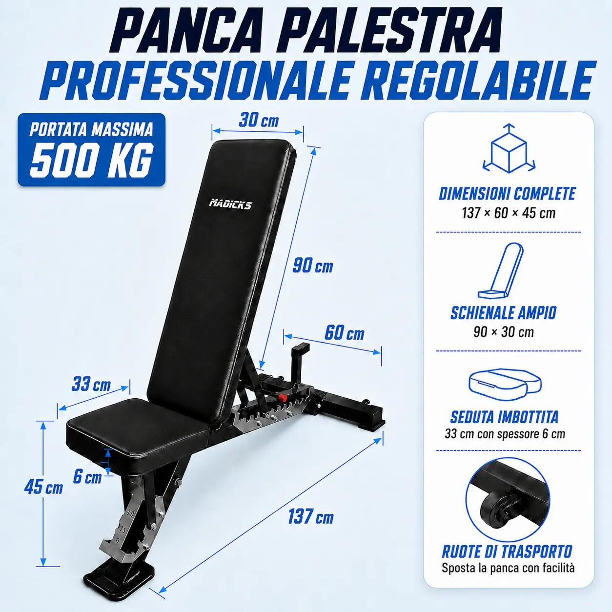Panca Palestra Professionale 500 Kg Regolabile Inclinabile Multifunzione Pesi 2/7