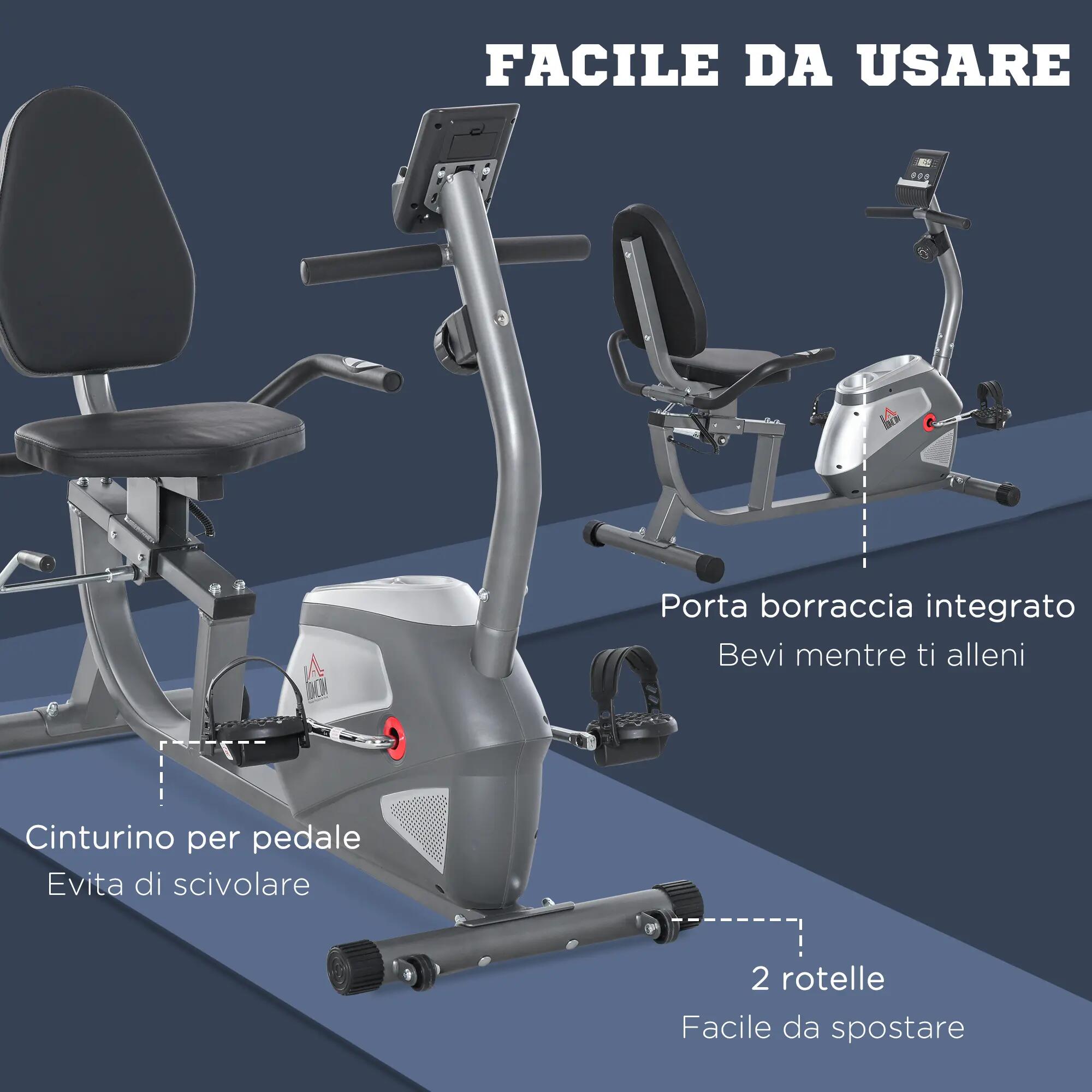 Vélo d'appartement semi-allongé avec siège réglable, 8 niveaux de résistance et 9/9