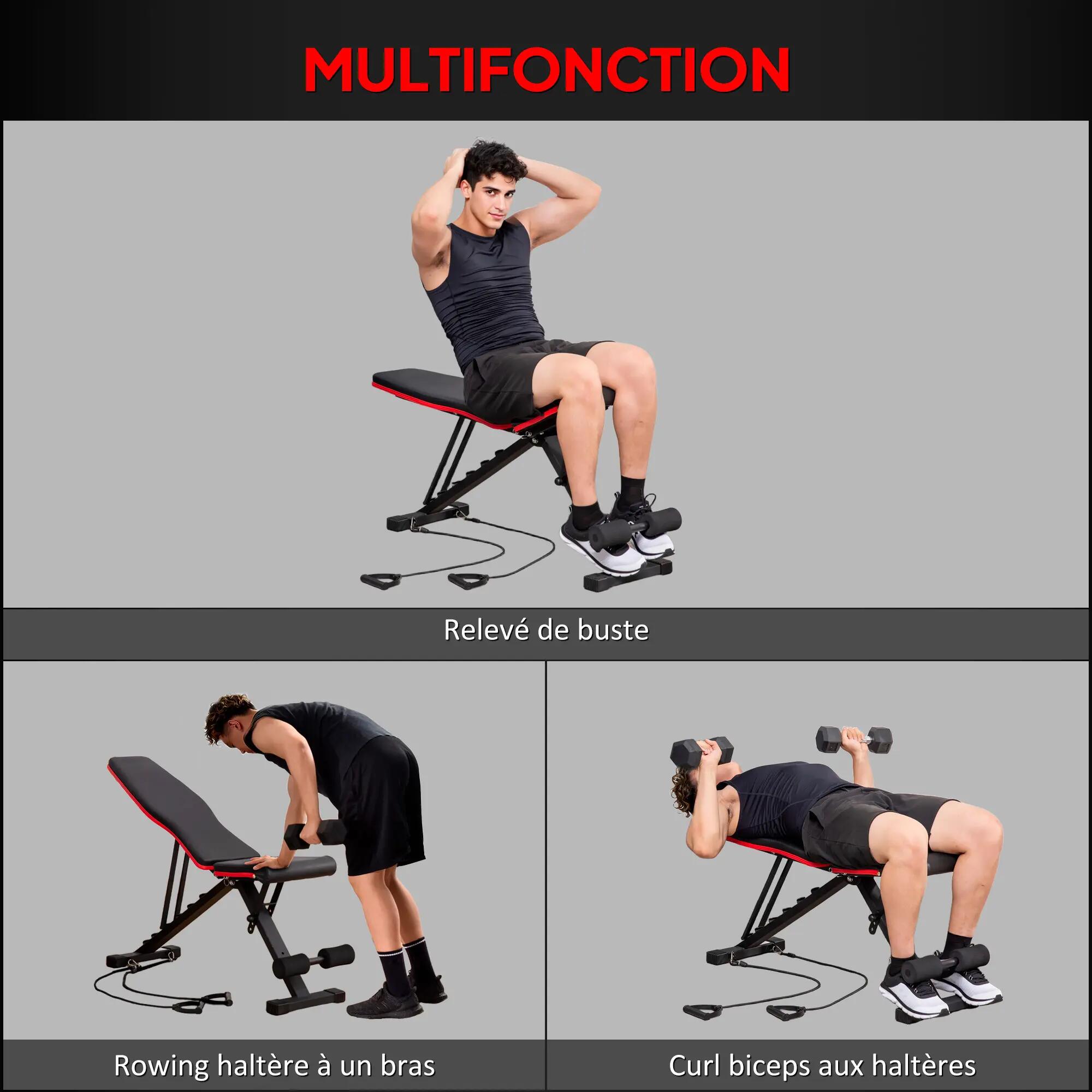 Banc de musculation pliable avec dossier réglable (6 positions), assise réglable 7/9