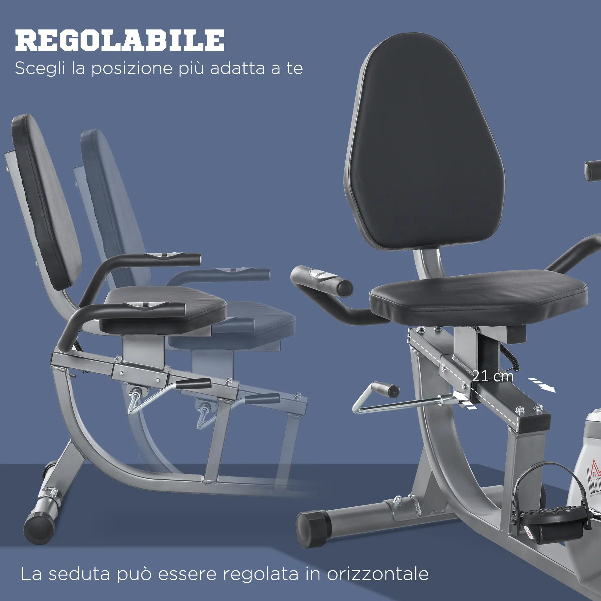 Vélo d'appartement semi-allongé avec siège réglable, 8 niveaux de résistance et 7/9