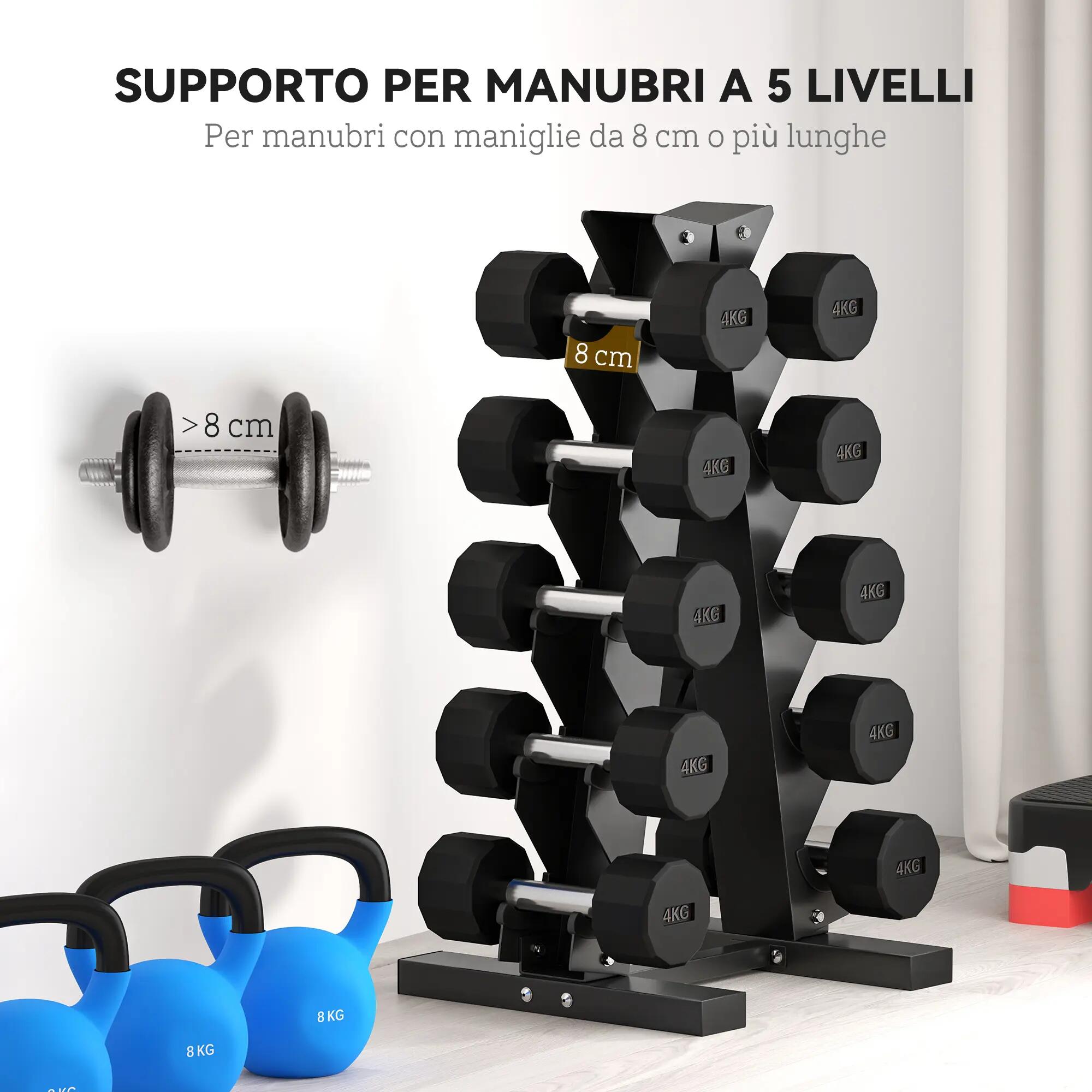 Support à haltères en acier à 5 niveaux avec inserts en plastique, 35 x 33 x 66 6/9