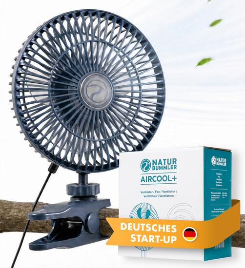 Camping Ventilator USB-C leise mit Klemme und Haken, stufenlos AirCool+