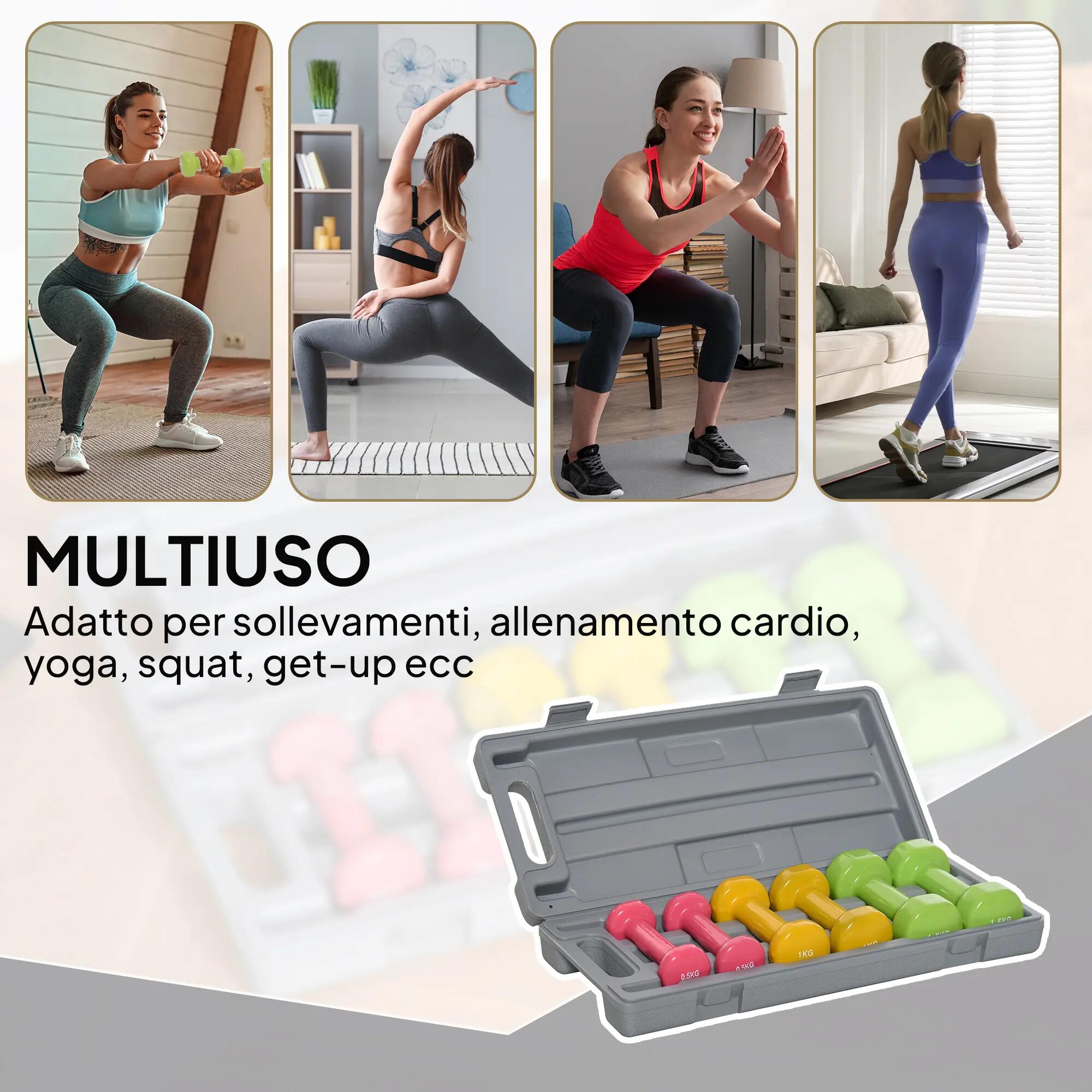 Ensemble de 6 haltères avec étui, poids 0,5 kg, 1 kg et 1,5 kg, en acier et poly 6/9