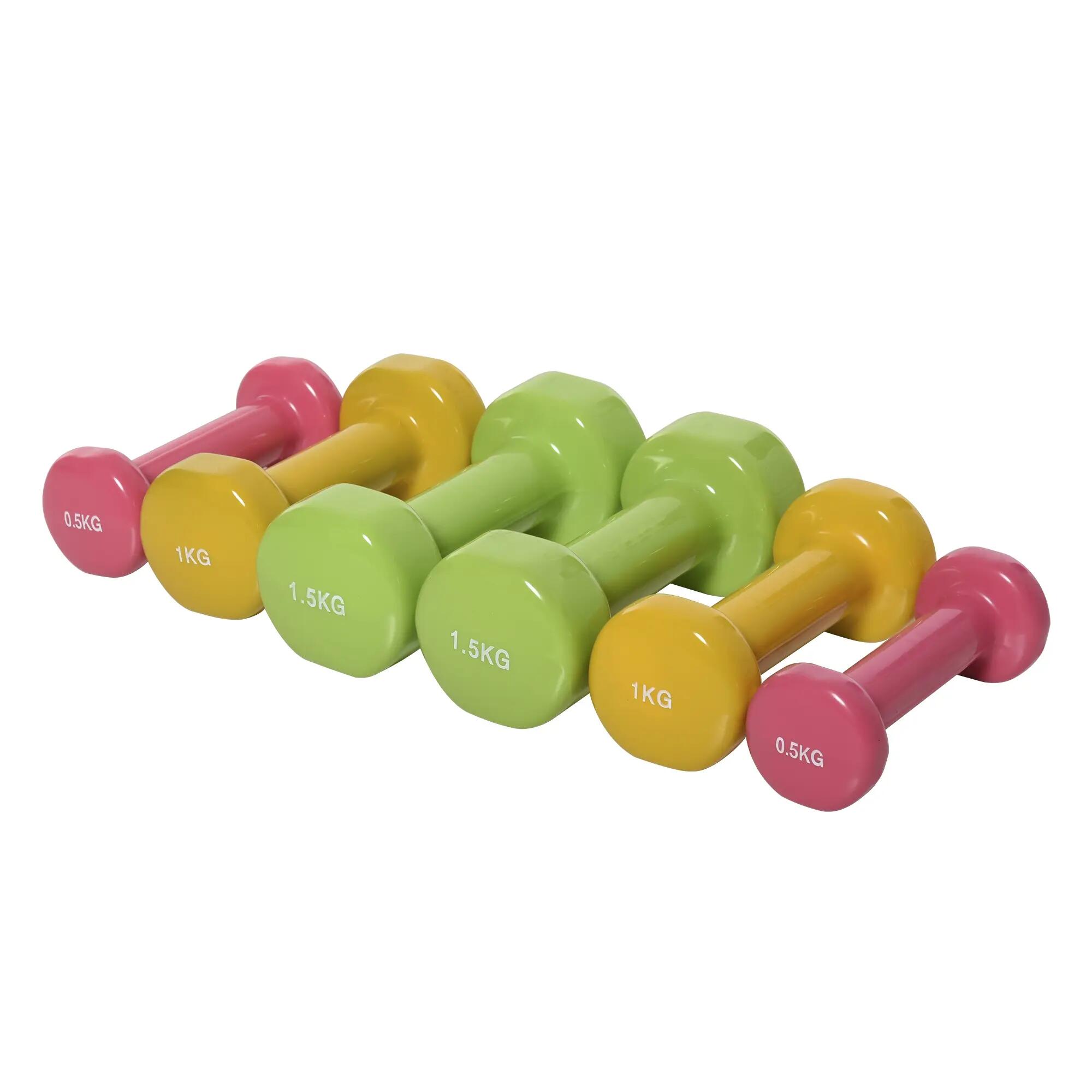 Ensemble de 6 haltères avec étui, poids 0,5 kg, 1 kg et 1,5 kg, en acier et poly 2/9