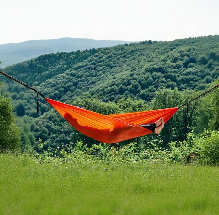 Hamac Hikerjoy Pro Portocaliu, rezidenta 300 kg, 70D Ripstop, cu Chingi