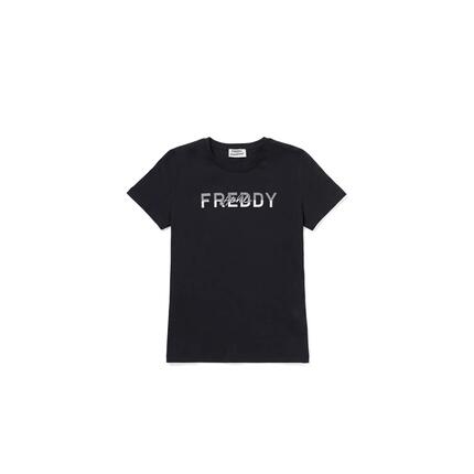 T-shirt femmes en coton à col rond avec graphisme à micro-rayures