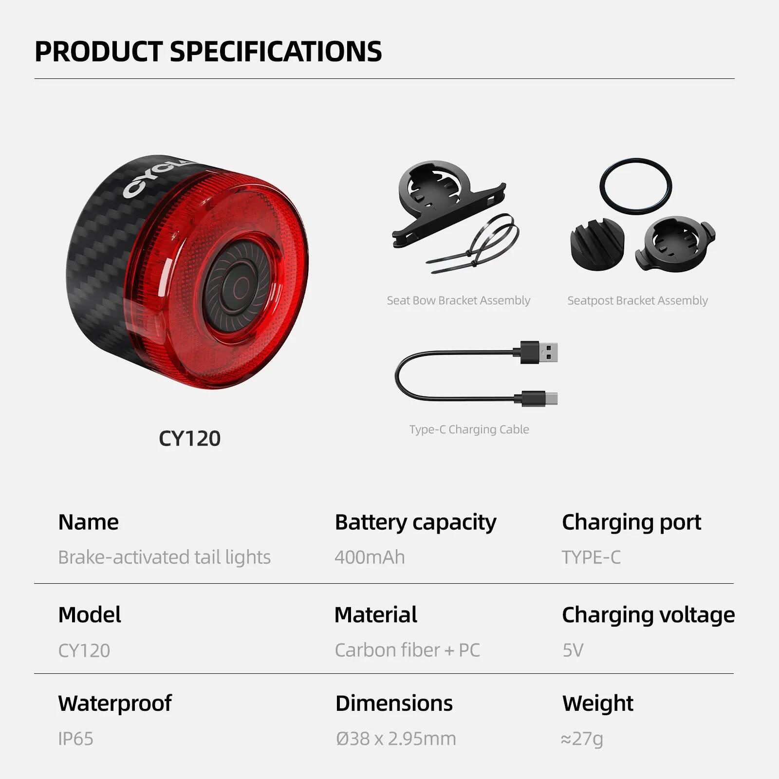 Zadní světlo na kolo s brzdovým senzorem CYCLAMI CY120 7/10