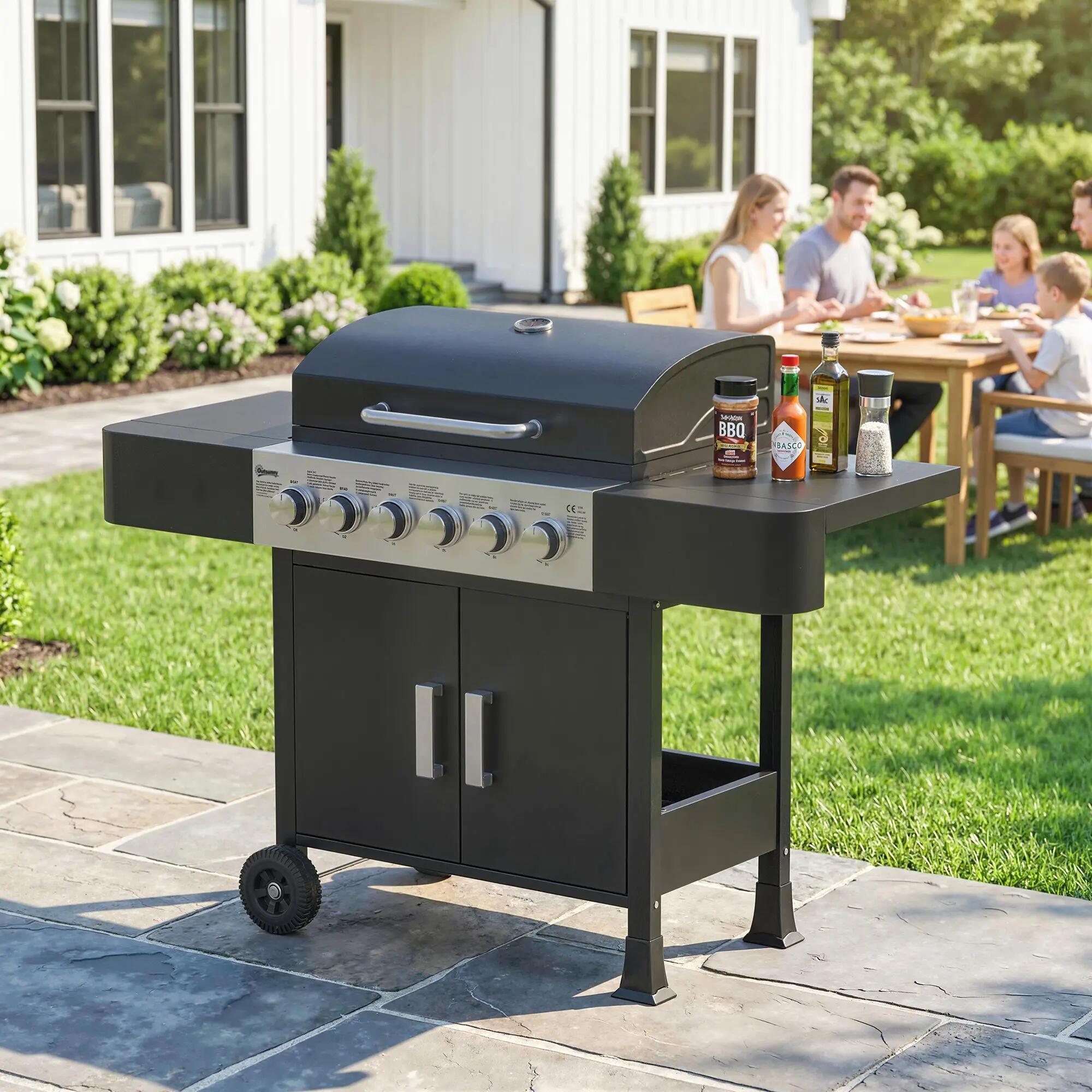 Barbacoa de Gas Outsunny 135x51x101 cm Negro 5/5