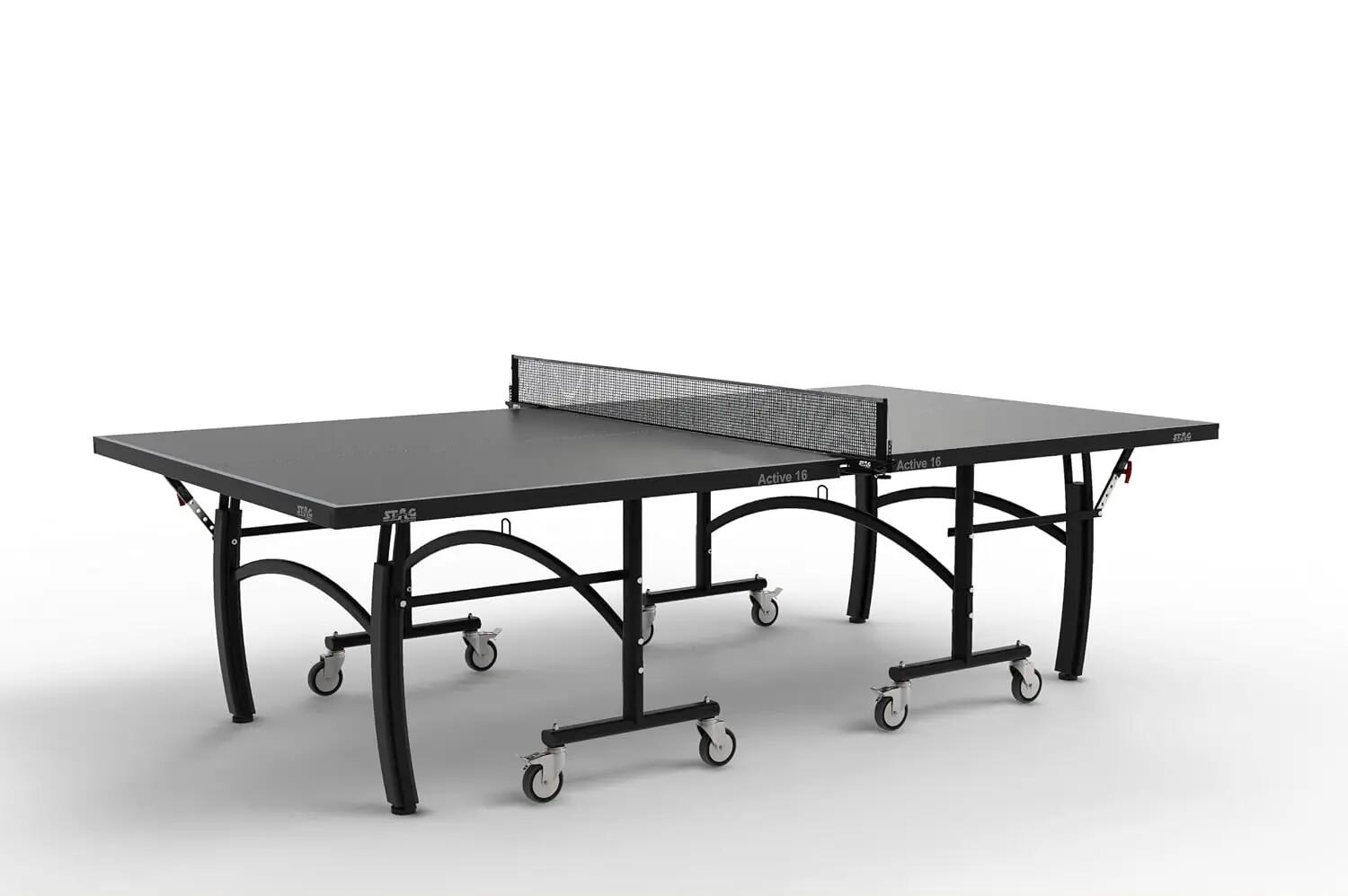 Active 16 Table Tennis Table | Full Size Professional Indoor TT Table | 15mm Engineered Wood Surface | Foldable, Durable, Easy Setup with Wheels, Net Set, 2 ITTF Rackets & 3 Balls -  1