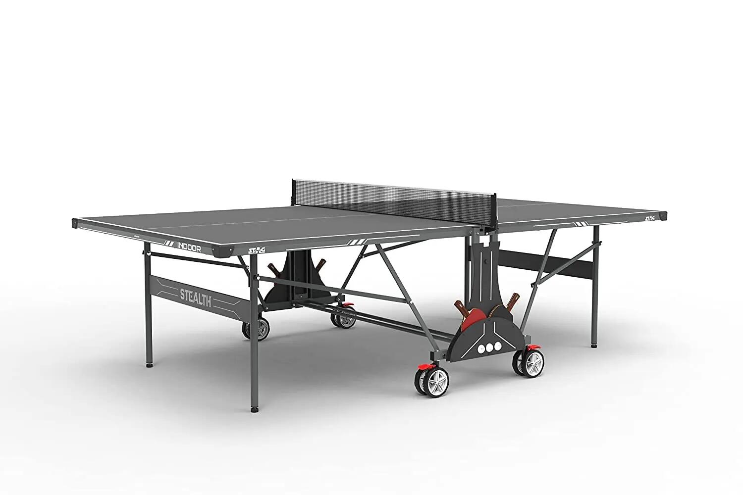 Stealth Table Tennis Table | Full Size 9x5 FT Indoor Professional Ping Pong Table | 18mm Anti-Glare Board | Foldable with Wheels & Solo Playback | Net, Cover, 2 Rackets & 6 Balls -  1