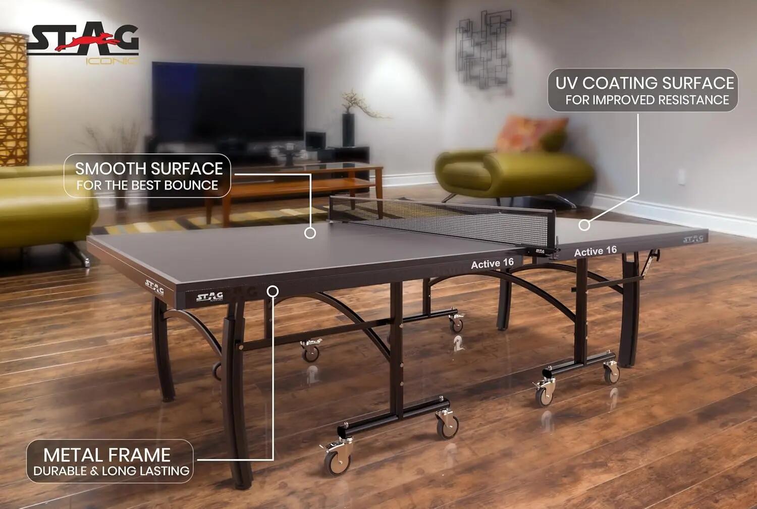 Active 16 Table Tennis Table | Full Size Professional Indoor TT Table | 15mm Engineered Wood Surface | Foldable, Durable, Easy Setup with Wheels, Net Set, 2 ITTF Rackets & 3 Balls -  2