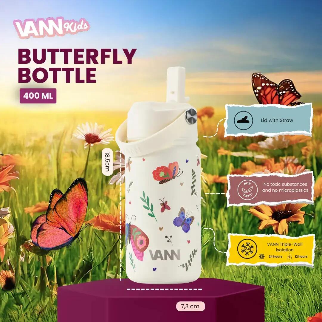 Drinkfles - Kids Bottle 400 ML - kinderfles met rietje, RVS - Butterfly 2/10