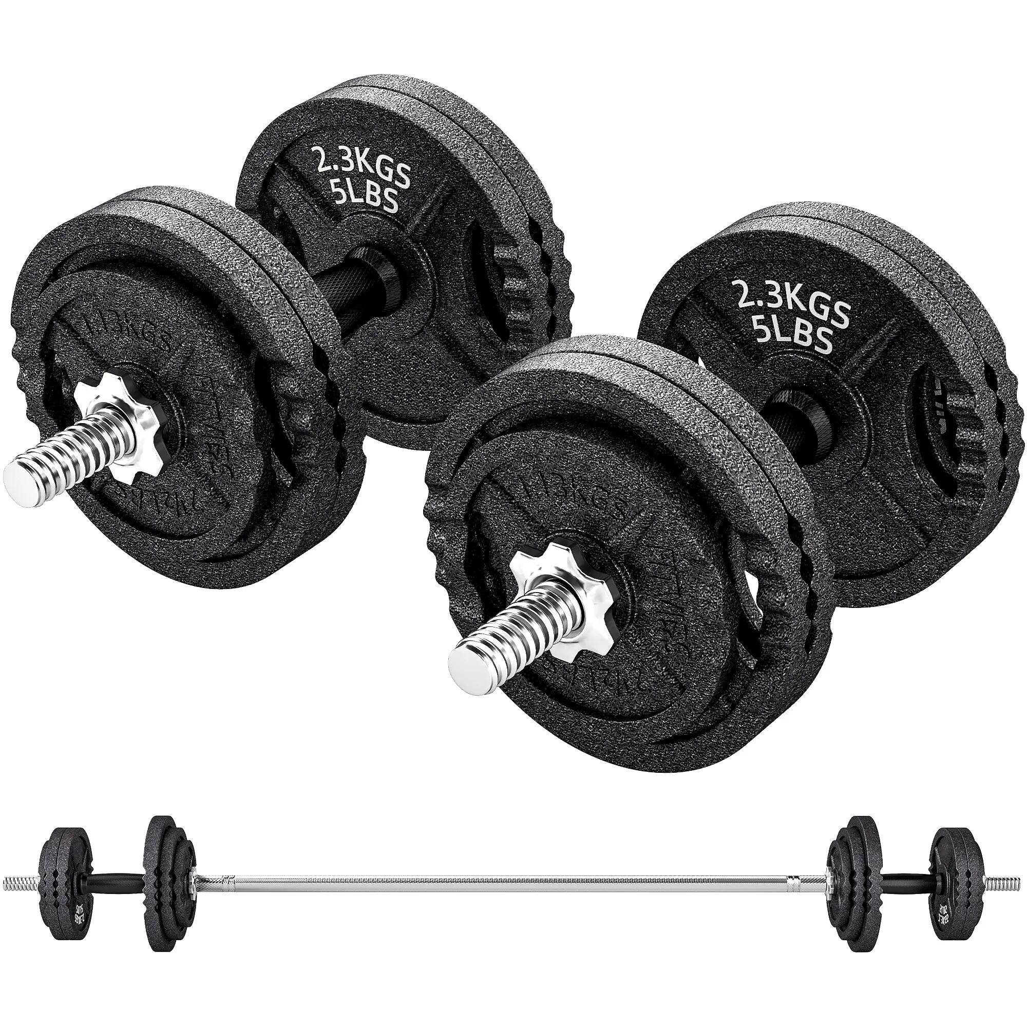 Kit de musculation 2 en 1 de 42 kg avec 14 disques, barre et haltères, acier, 18 2/9