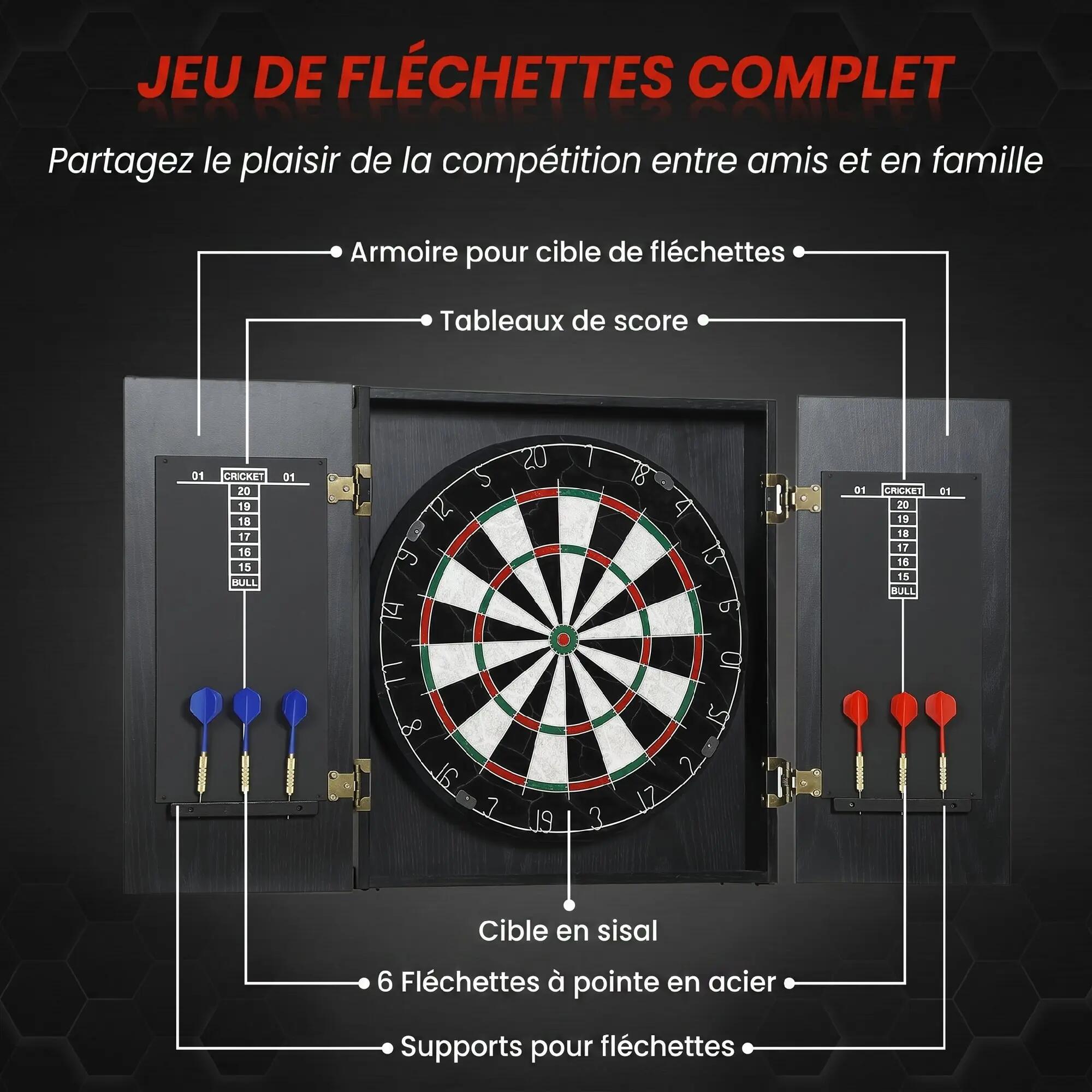 Cible de fléchettes - Ensemble sisal, meuble noir, 6 fléchettes 6/6