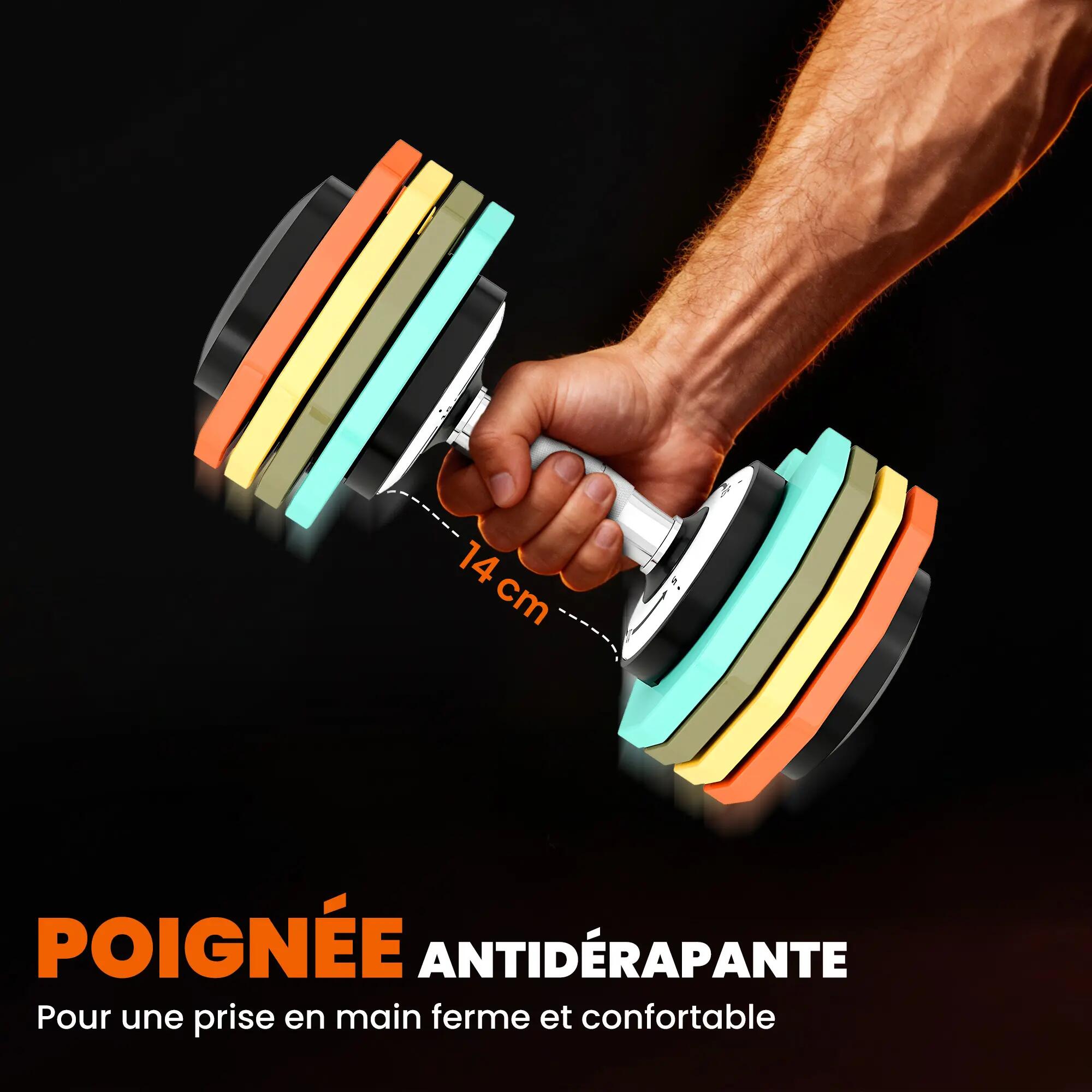 Haltère réglable 5 à 25 kg avec base de rangement 5 niveaux de poids, poignée an 8/9