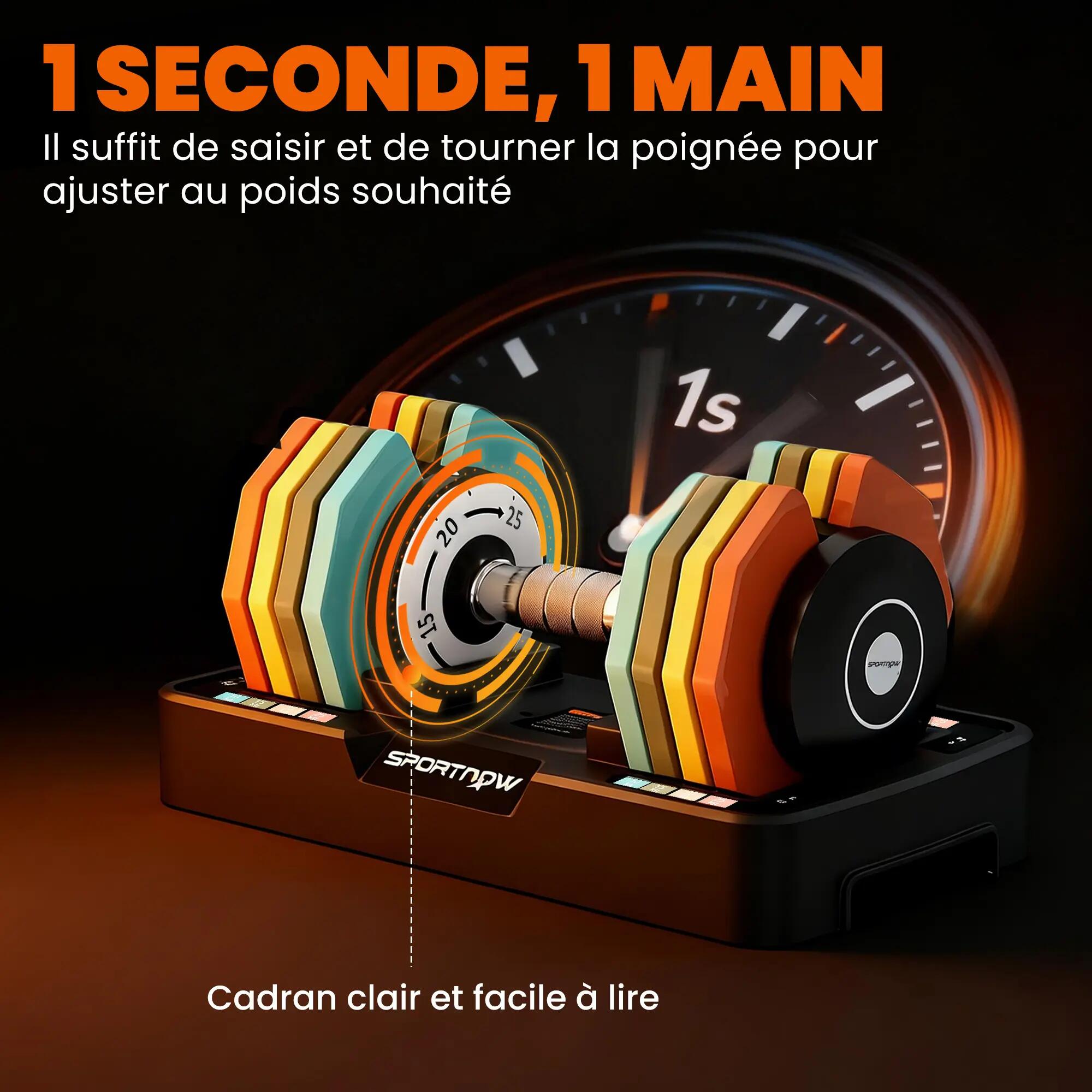 Haltère réglable 5 à 25 kg avec base de rangement 5 niveaux de poids, poignée an 7/9