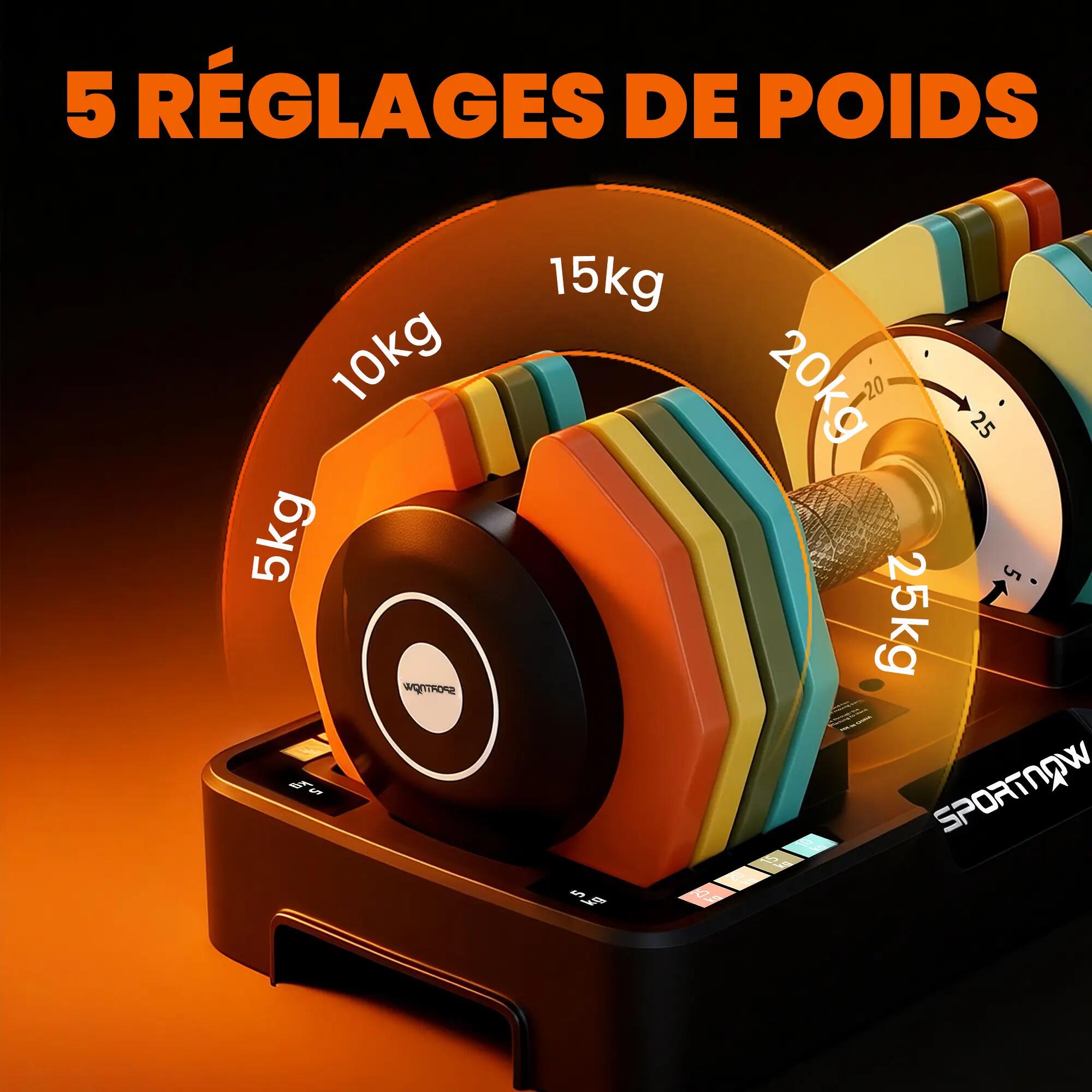 Haltère réglable 5 à 25 kg avec base de rangement 5 niveaux de poids, poignée an 6/9