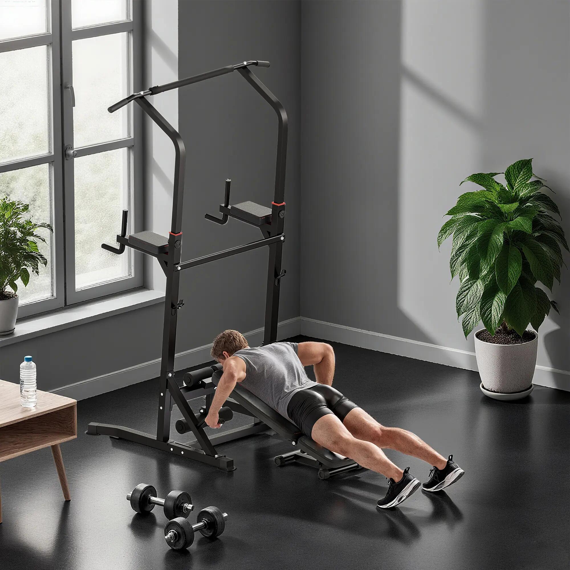 Tour de musculation réglable en hauteur avec barre de traction et banc pliable p 4/9