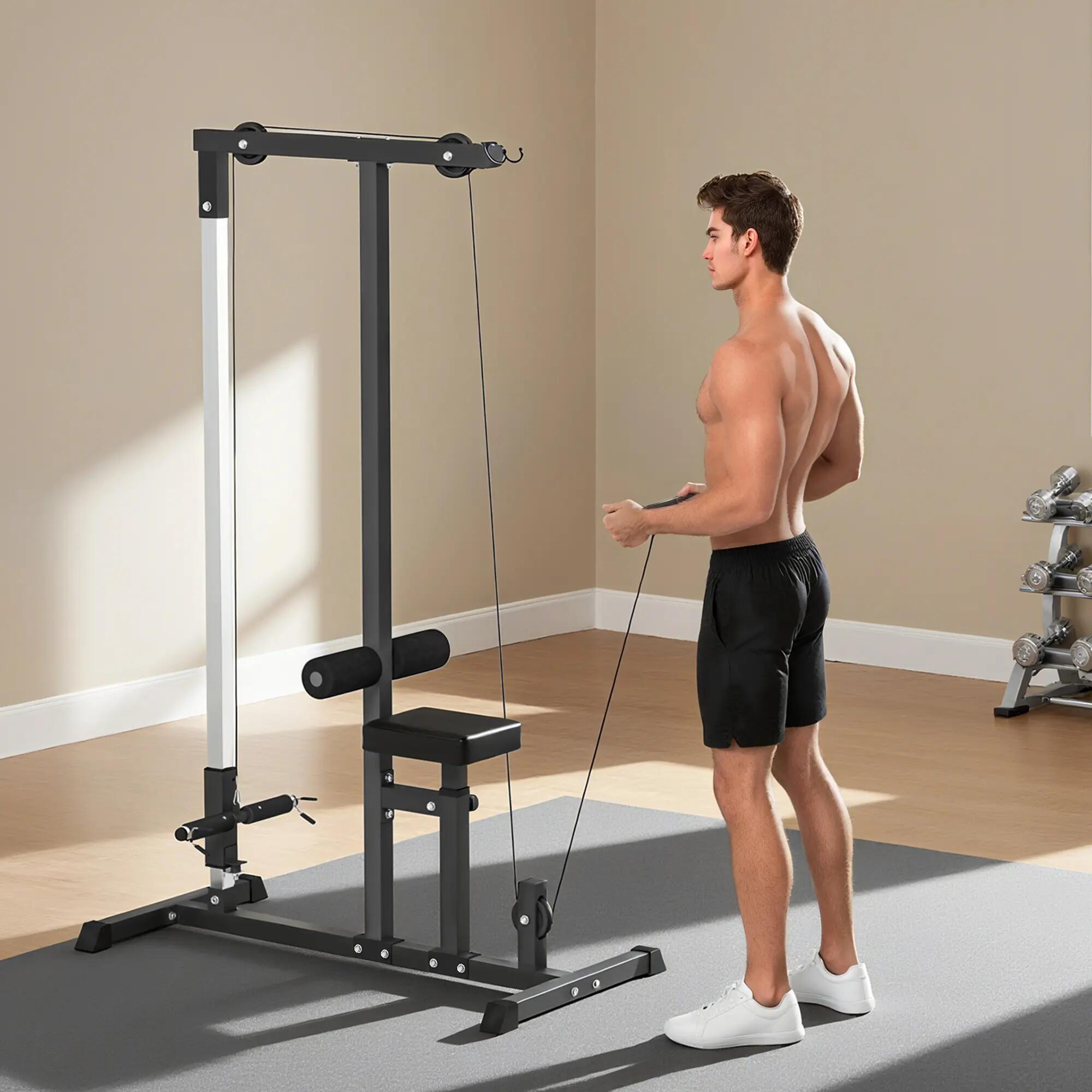 Rack de musculation avec poulie, siège réglable et plusieurs positions de câble, 3/9