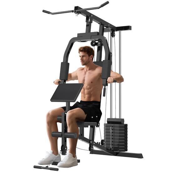 Appareil de musculation multi-stations avec étriers pour les jambes, poulies et