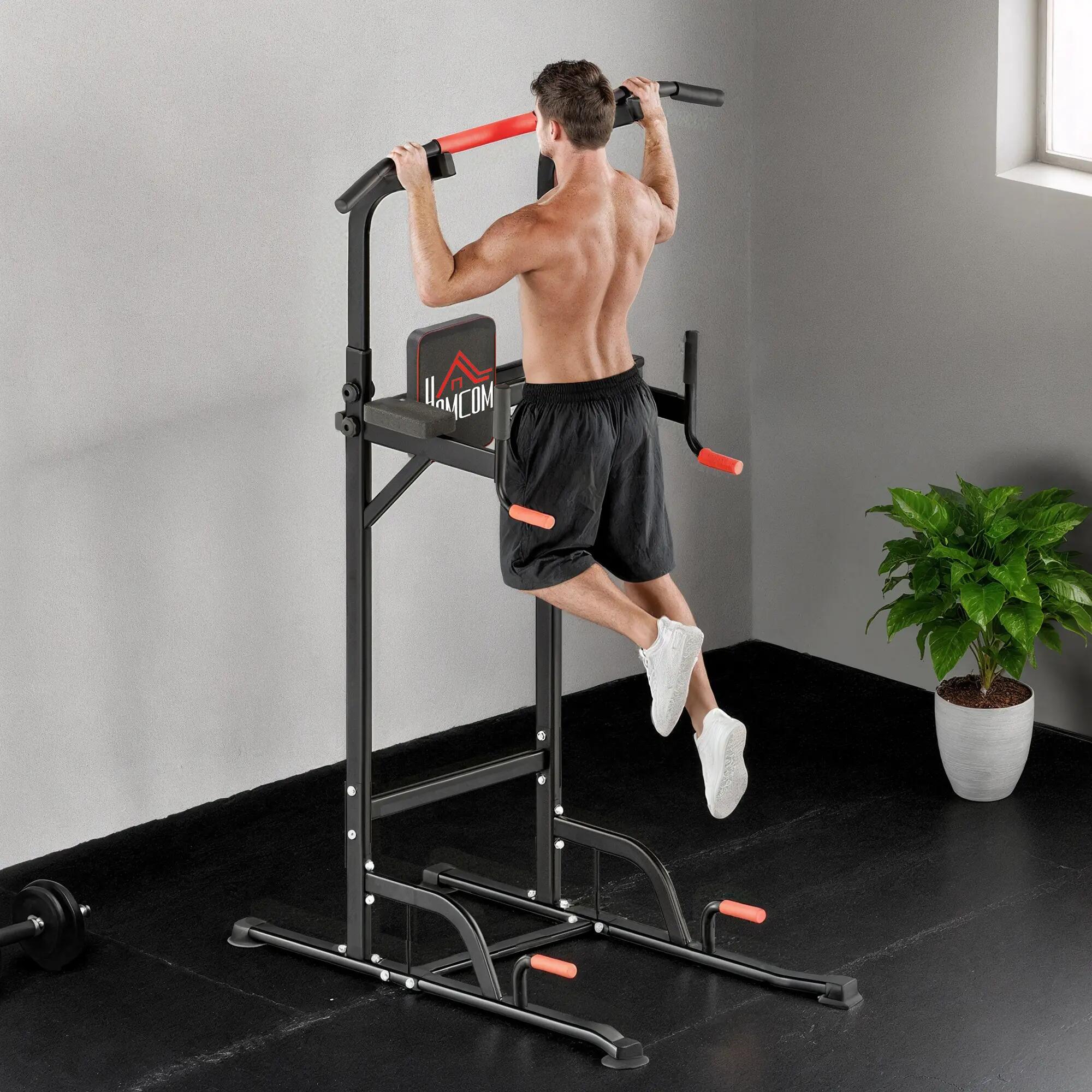 Station de dips Power Tower réglable en hauteur avec barre de traction, ventouse 3/9