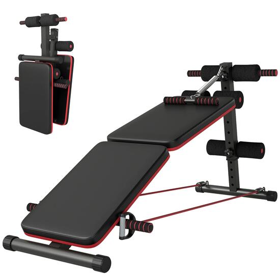 Banc abdominal pliable et réglable avec rameur et 2 cordes, acier 51 x 137 x 50-