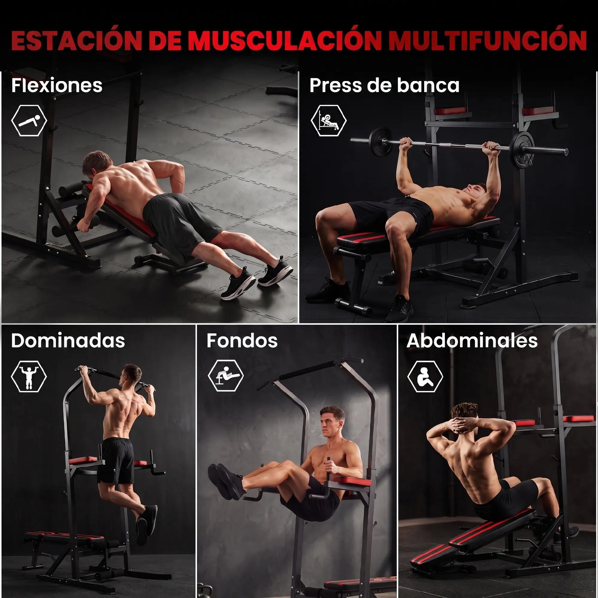 Station de musculation pliable avec hauteur réglable, barre de traction et banc 6/9