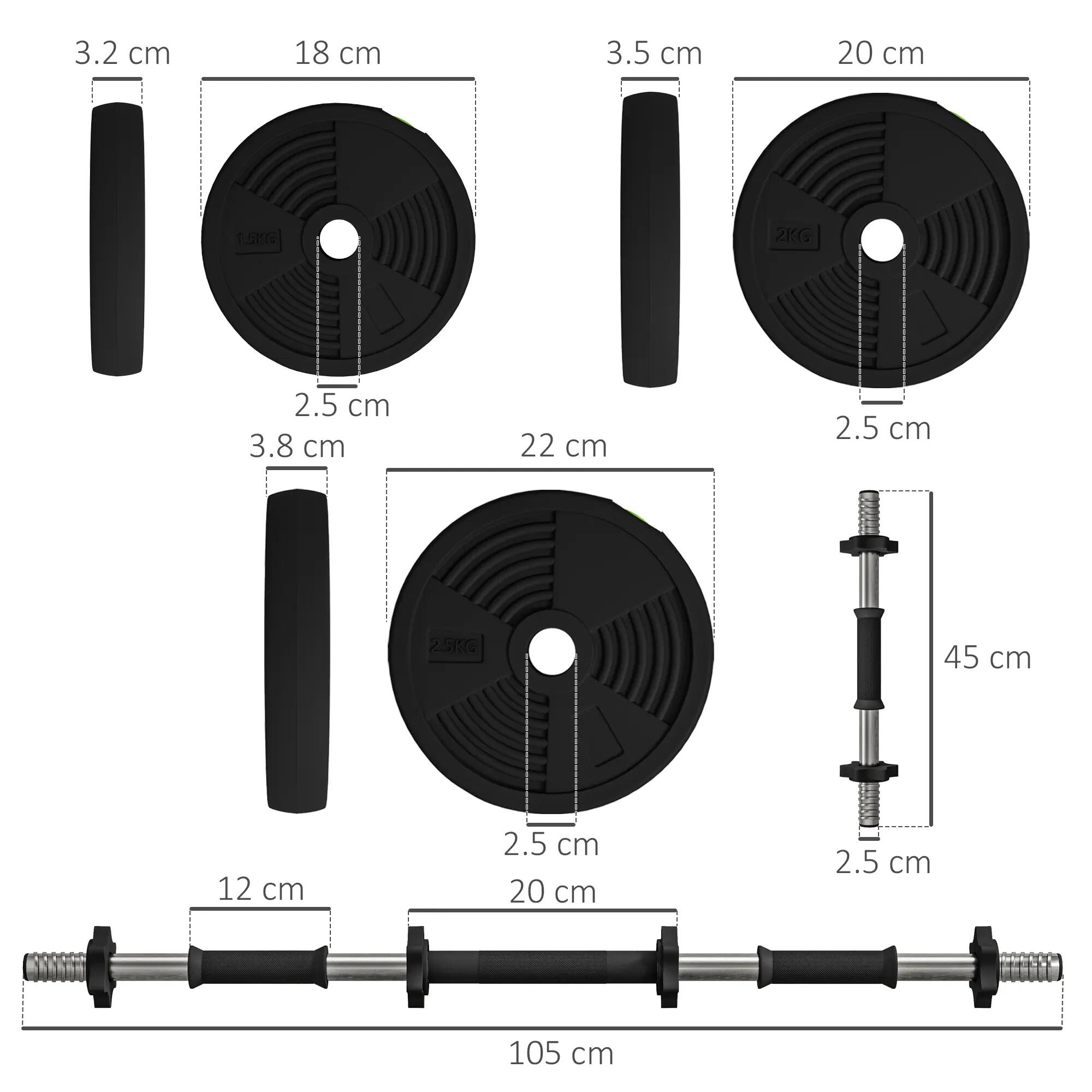 Ensemble 2 en 1 avec 2 haltères convertibles en barre, poids total 25 kg et disq 5/9