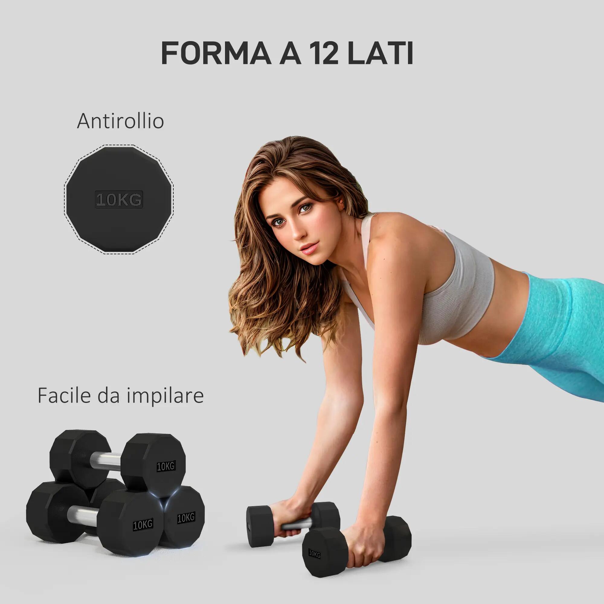 Haltères - cardio training - Unisexe - 10 kg, 12 faces caoutchouc - Noir 6/6