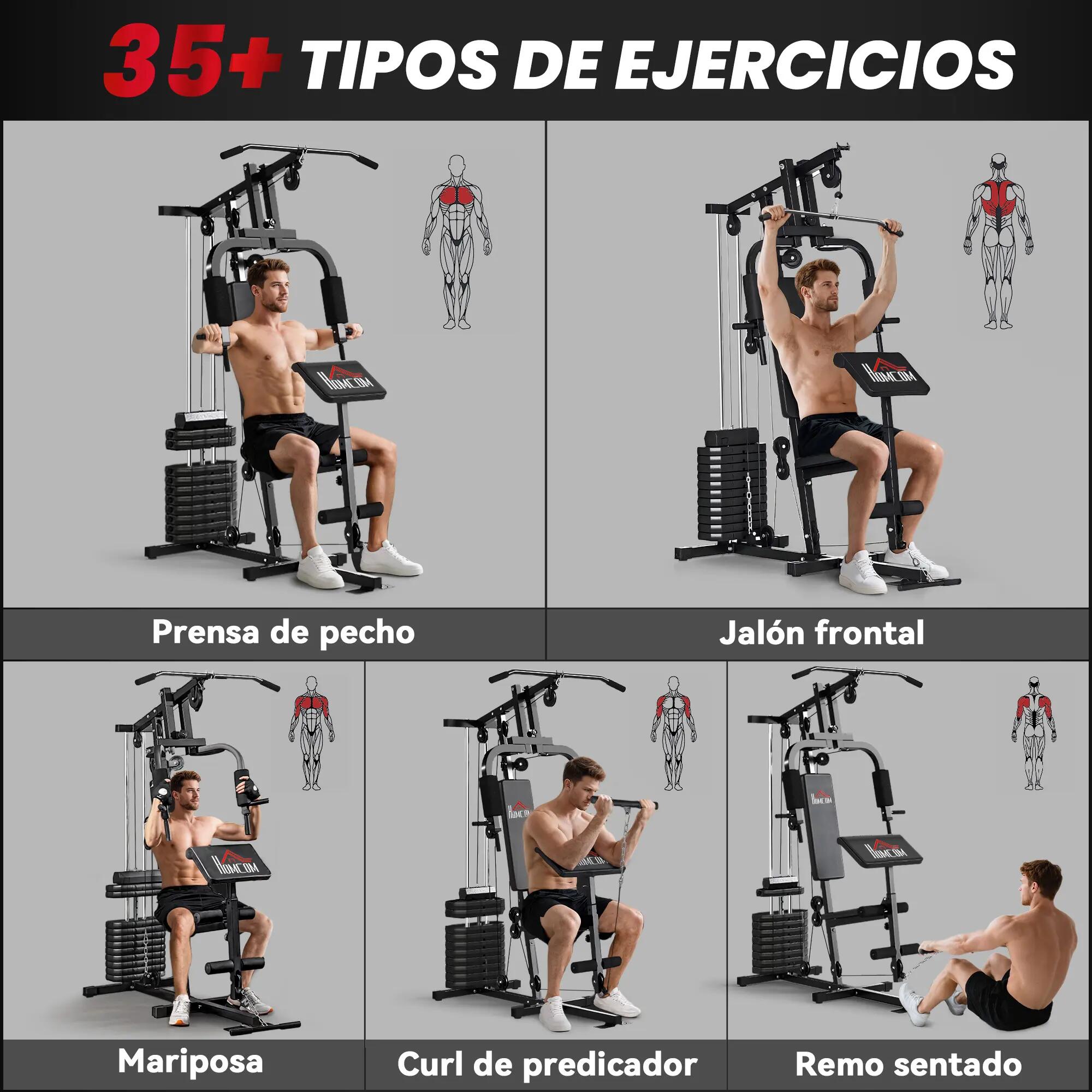 Appareil de musculation avec poids réglables (65 kg), presse pectorale et jambes 6/9