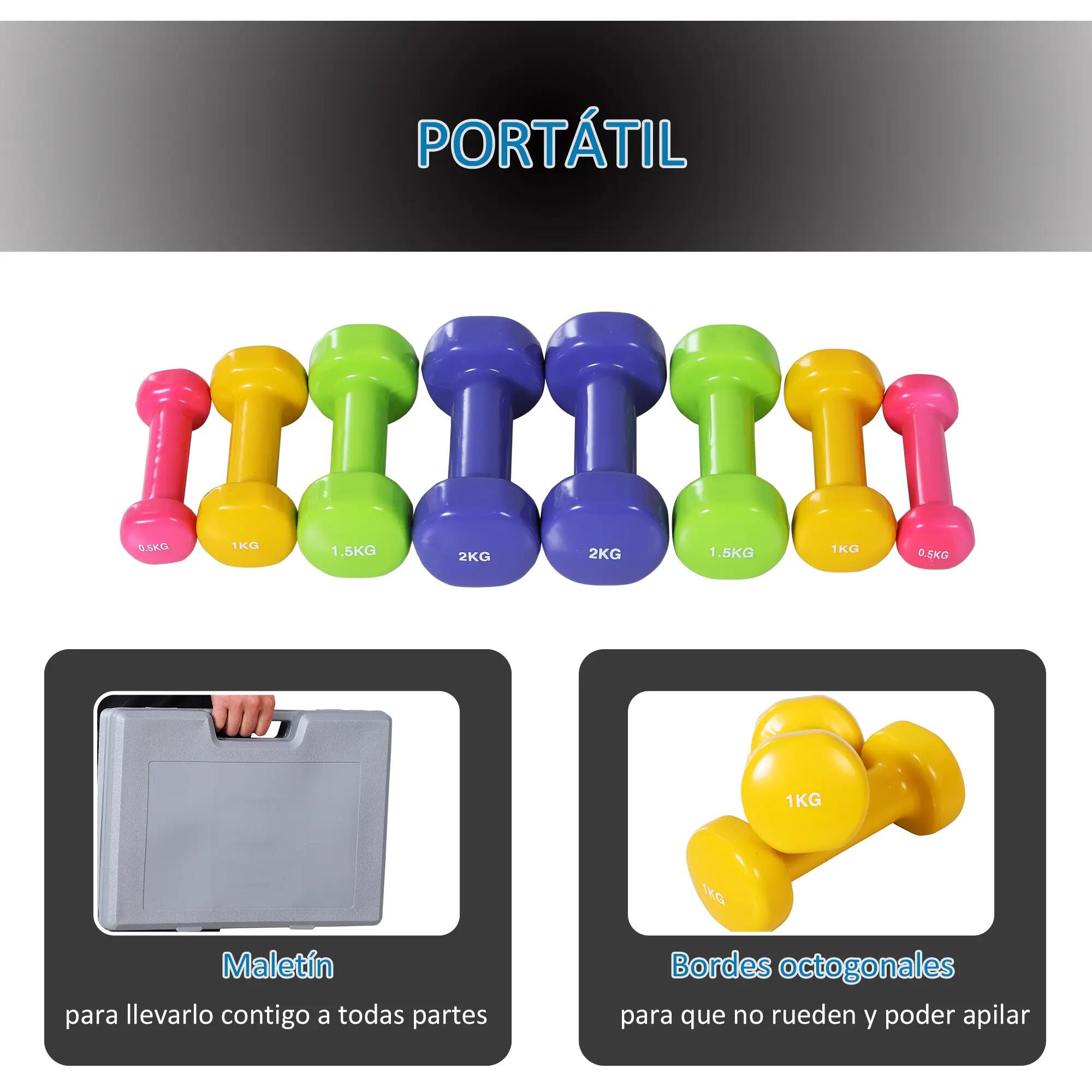 Ensemble de 8 haltères portables, 4 paires de 0,5 kg, 1 kg, 1,5 kg et 2 kg, coff 7/9