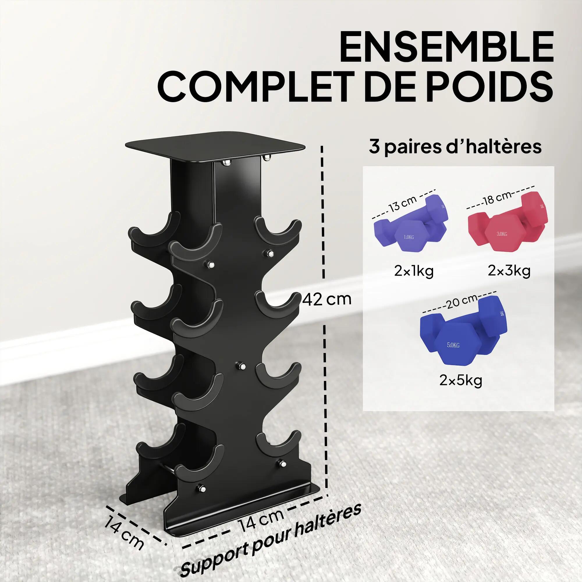 Lot 3 haltères hexagonaux avec support, 2 x 1kg, 2 x 3kg, 2 x 5kg, poignées anti 6/9