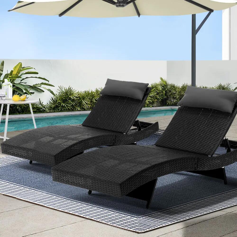 Gardeon 2PC Sun Lounge Wicker Lounger Outdoor Furniture Beach Chair Garden Adjus